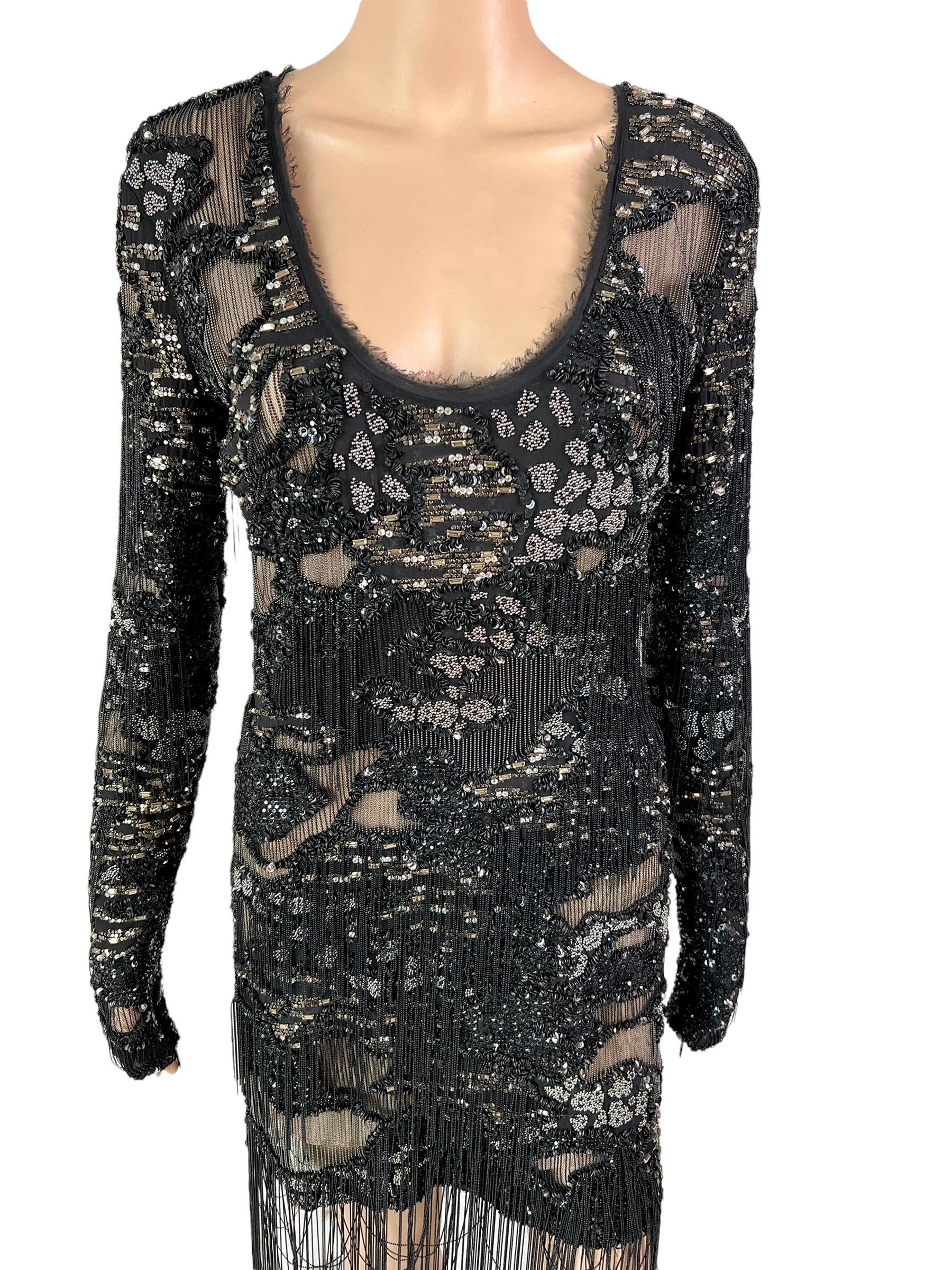 Women's Roberto Cavalli S/S 2016 Runway Embellished Chain Sheer Black Mini Evening Dress For Sale