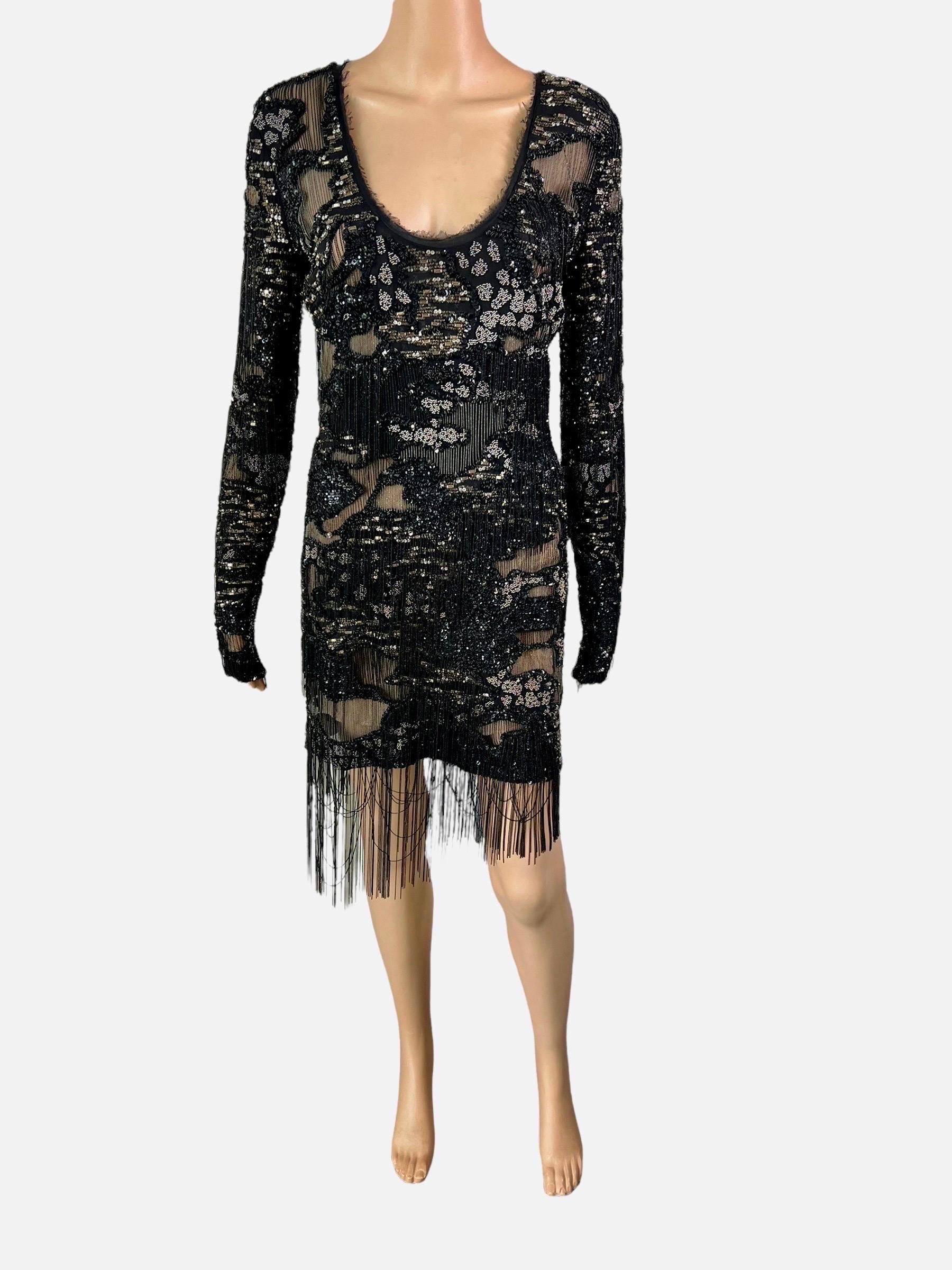 Roberto Cavalli S/S 2016 Runway Embellished Chain Sheer Black Mini Evening Dress For Sale 4