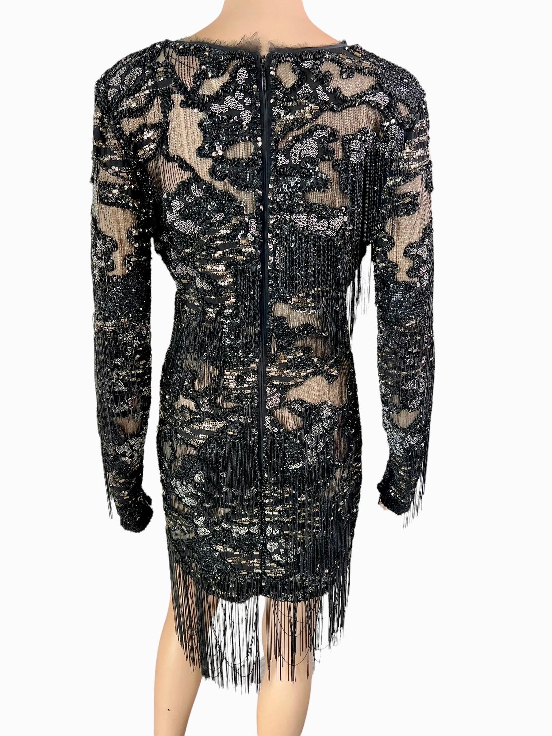 Roberto Cavalli S/S 2016 Runway Embellished Chain Sheer Black Mini Evening Dress For Sale 2