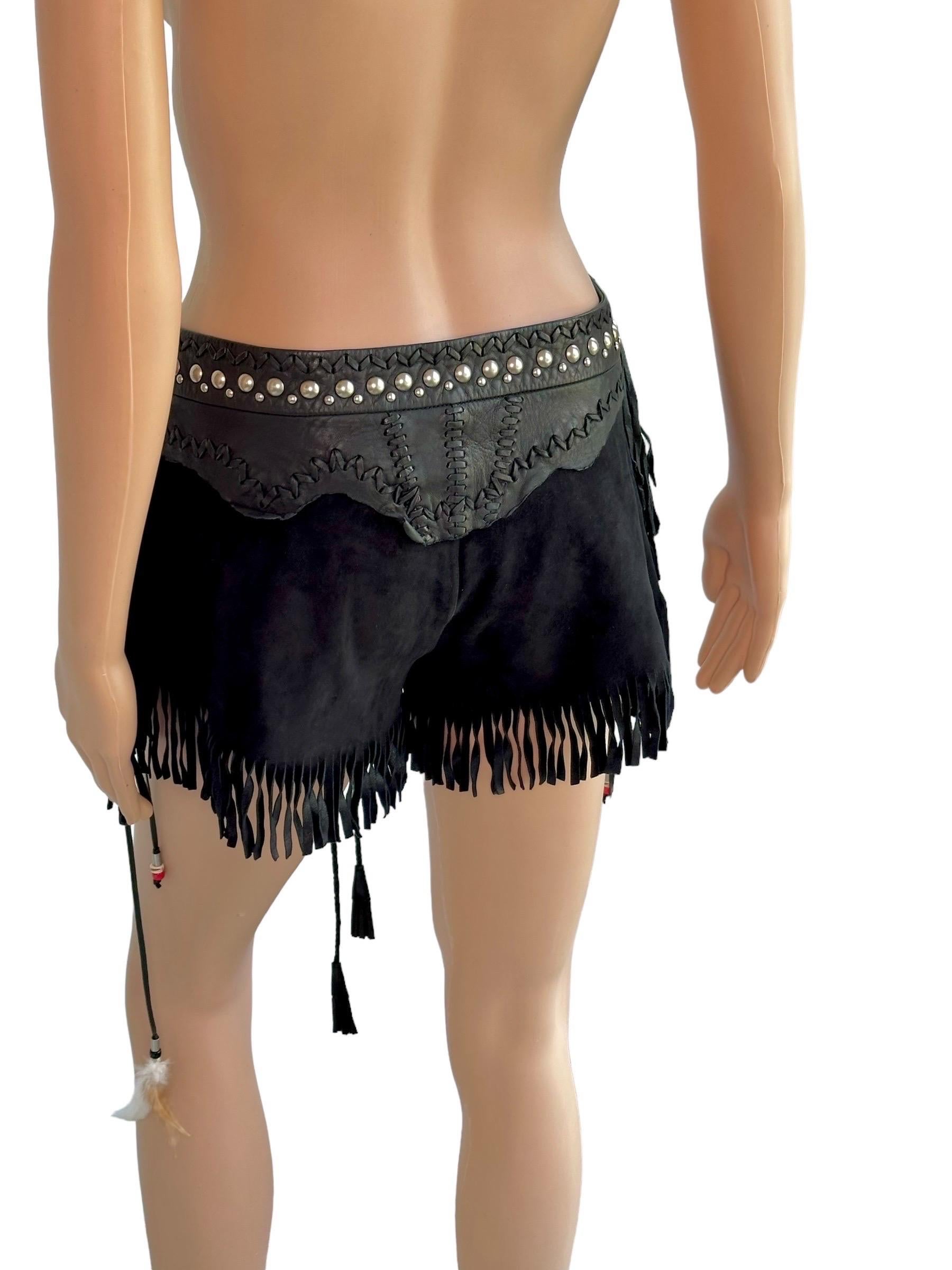 Roberto Cavalli S/S 2017 Runway Unworn Leather Western Fringed Studded Shorts In New Condition In Naples, FL