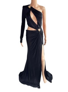 Roberto Cavalli S/S 2022 Embellished Cutout High Slit Black Evening Dress Gown