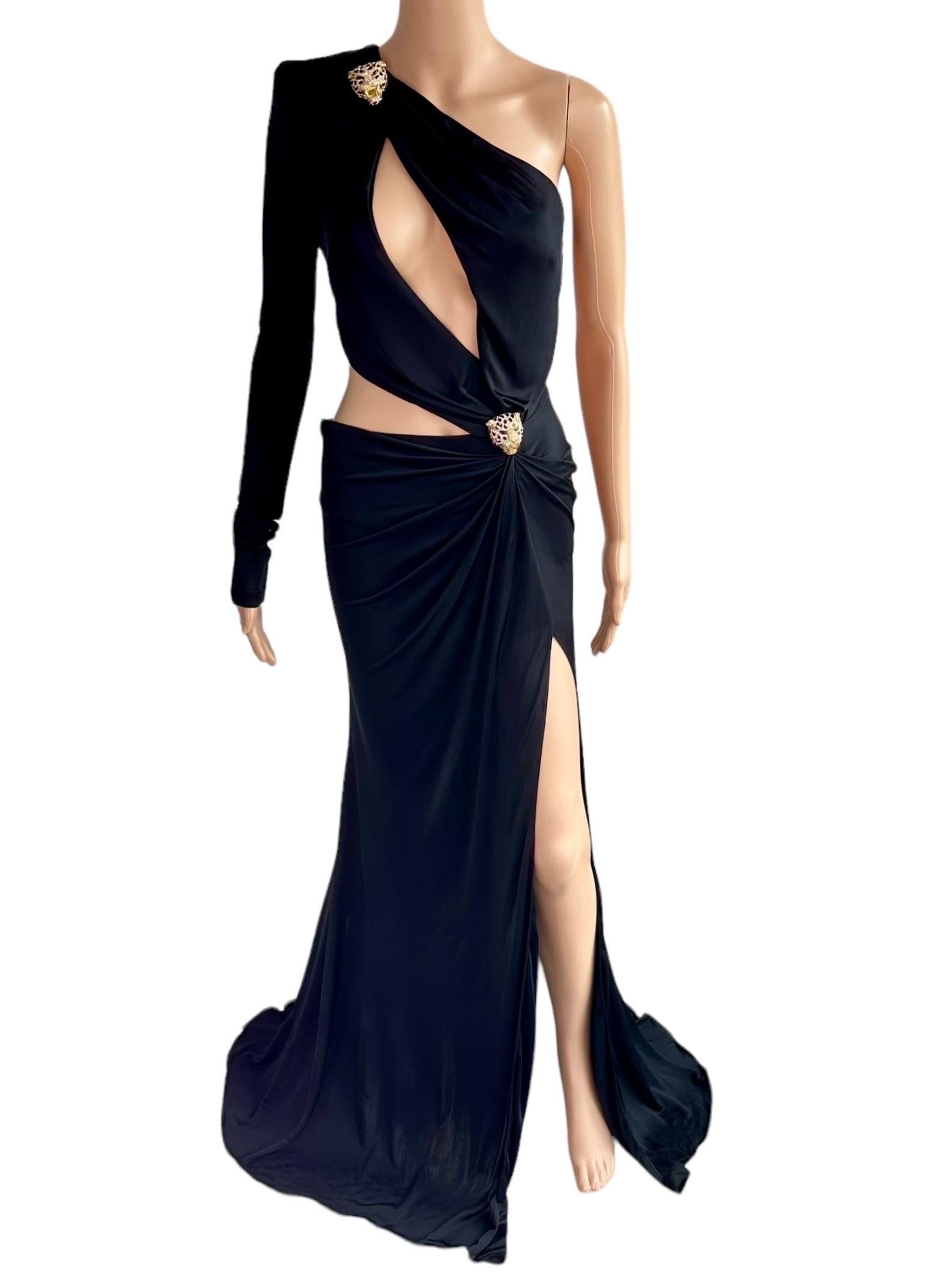 Women's Roberto Cavalli S/S 2022 Embellished Cutout High Slit Black Evening Dress Gown