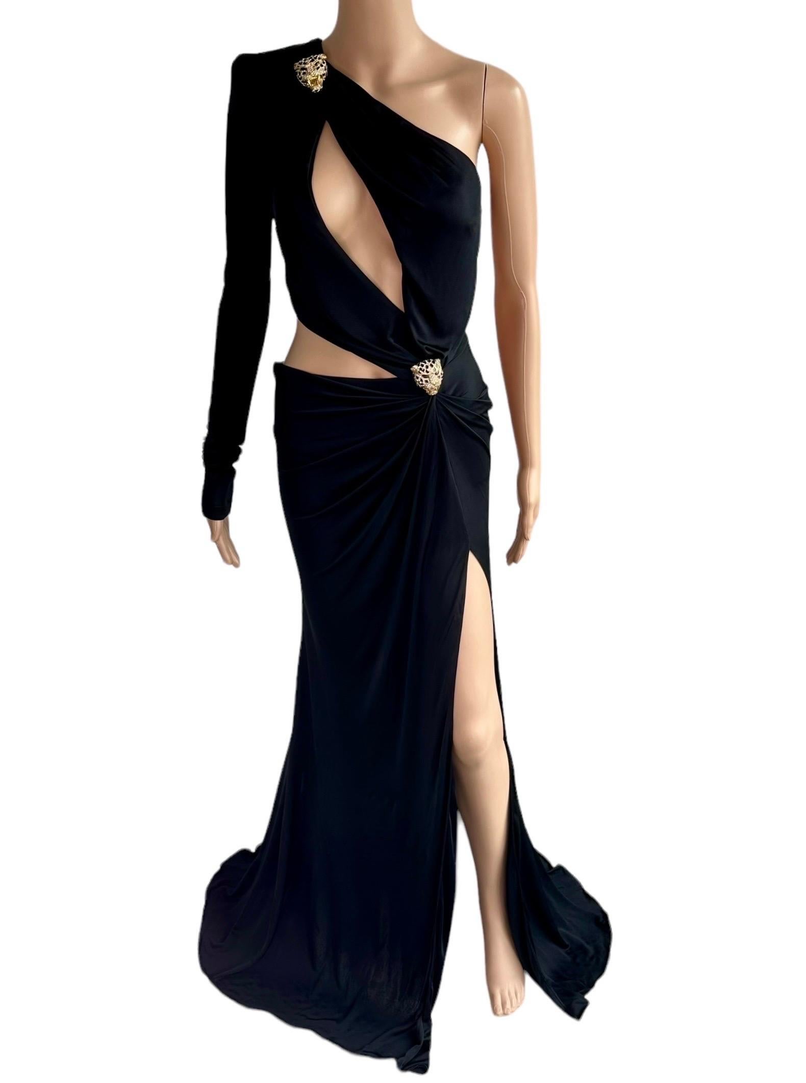 Roberto Cavalli S/S 2022 Embellished Cutout High Slit Black Evening Dress Gown 4