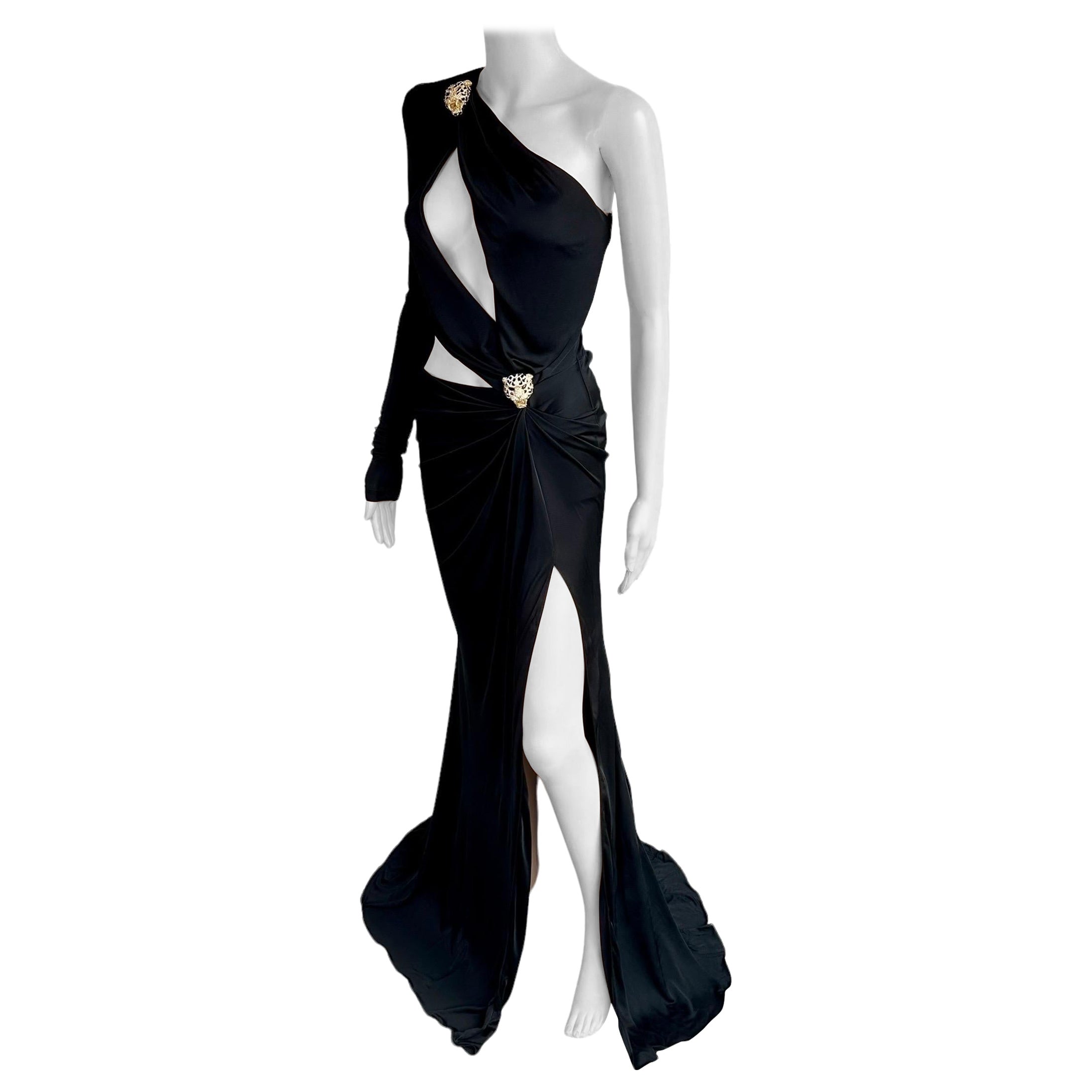 Roberto Cavalli S/S 2022 Embellished Cutout High Slit Black Evening Dress Gown