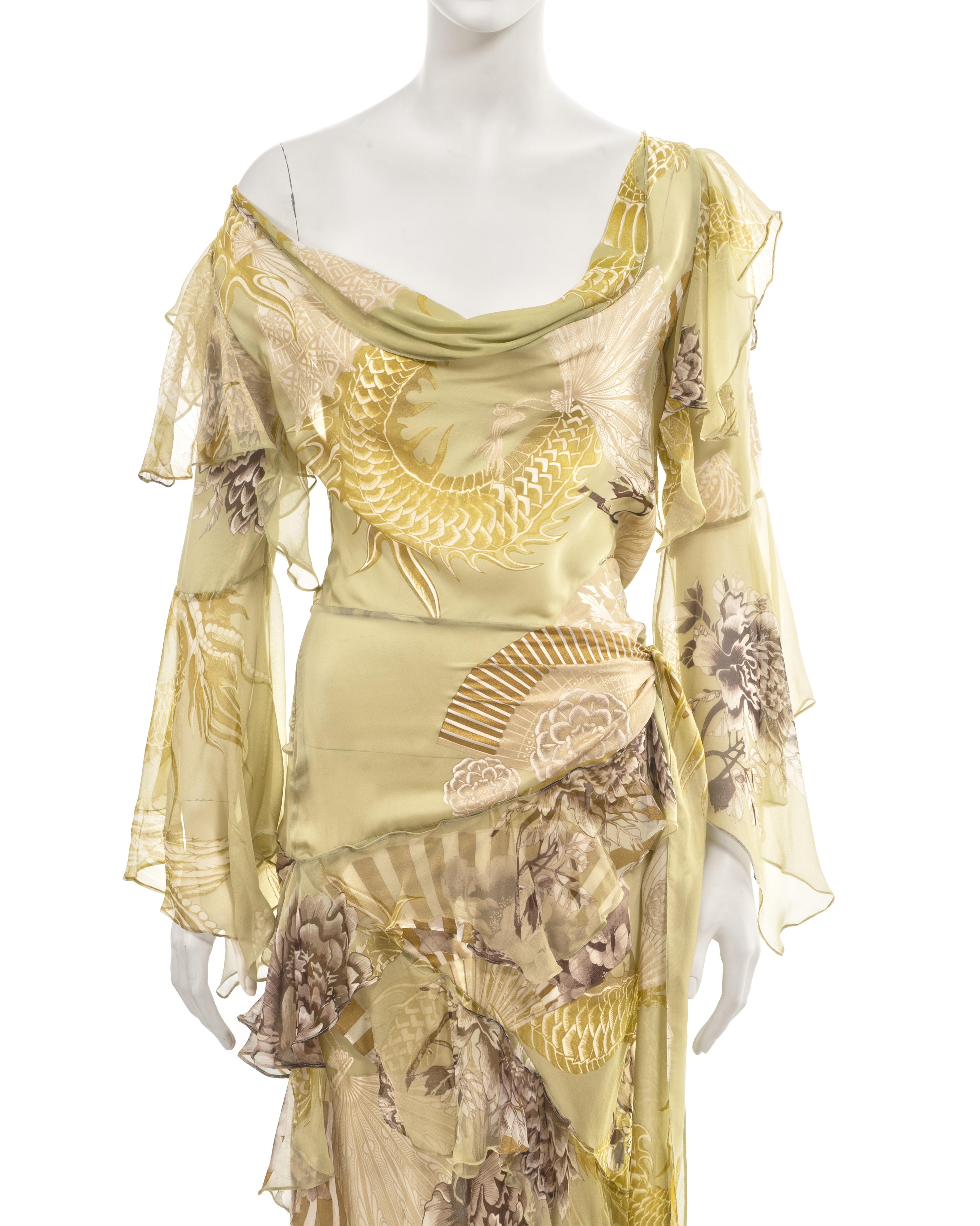 Women's Roberto Cavalli sage green silk chiffon evening dress, fw 2006