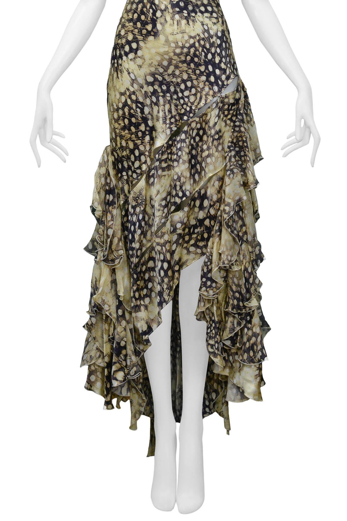 Gray Roberto Cavalli Satin Feather Slash Gown 2004