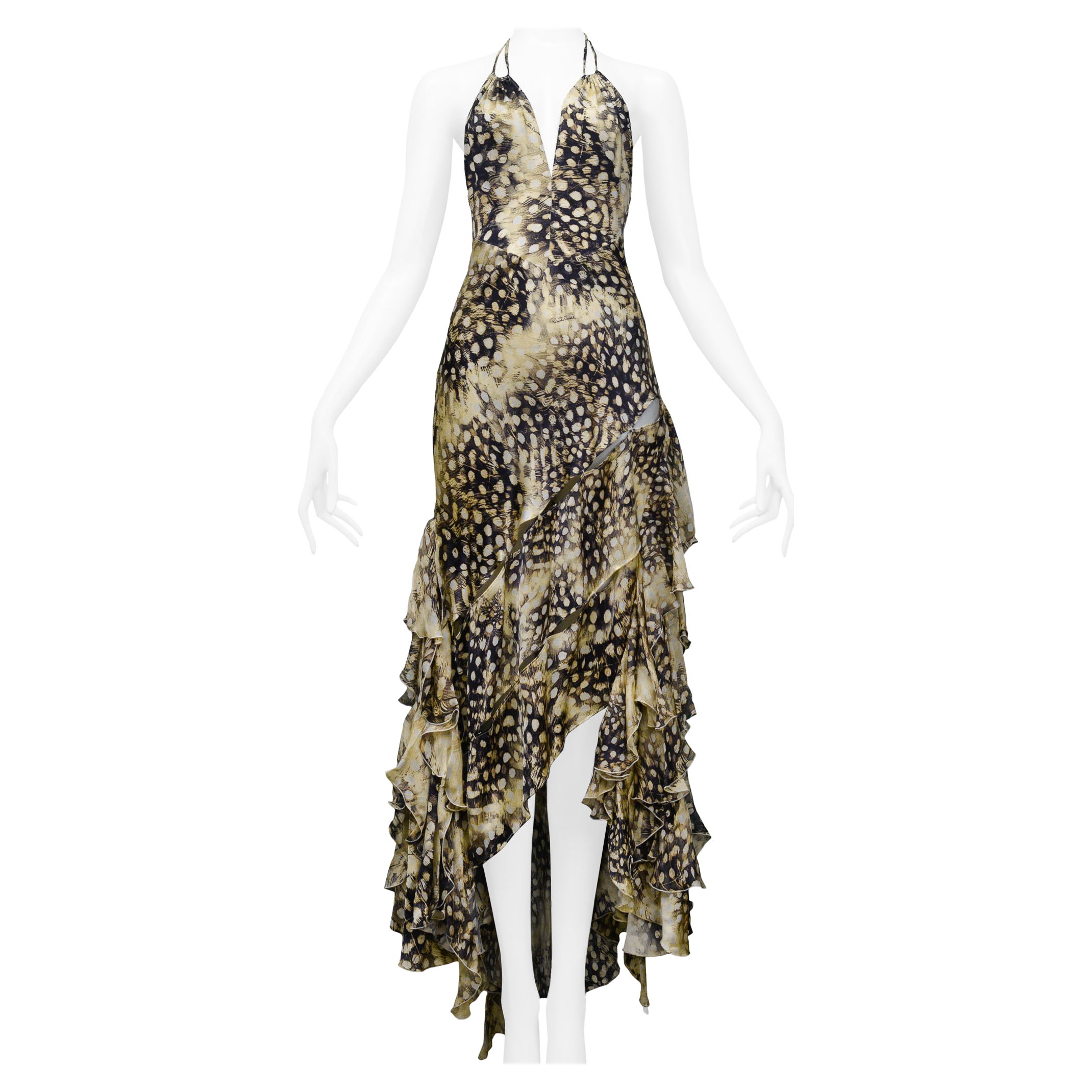 Roberto Cavalli Satin Feather Slash Gown 2004
