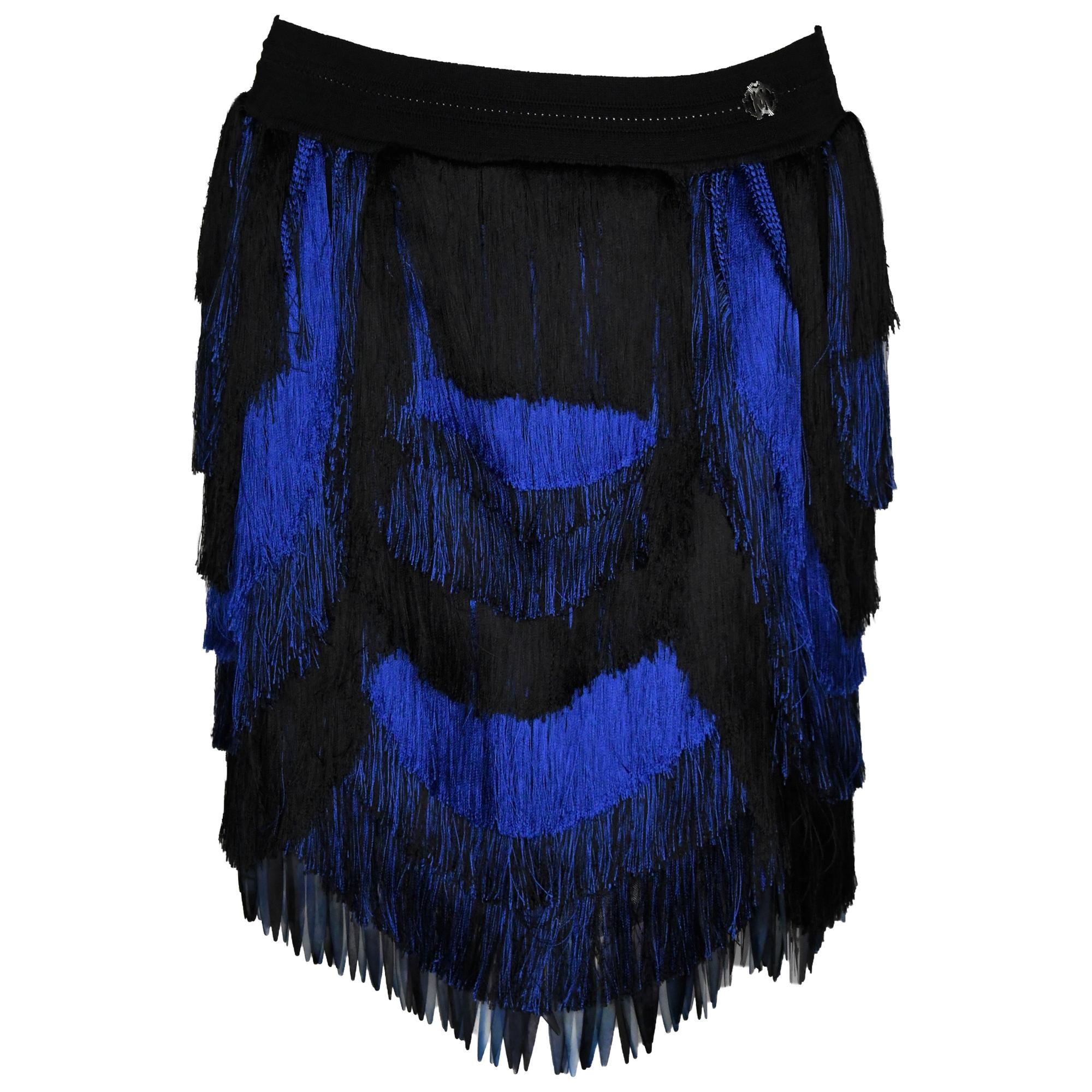 Roberto Cavalli Scalloped Electric Blue and Black Fringe Mini Skirt   For Sale