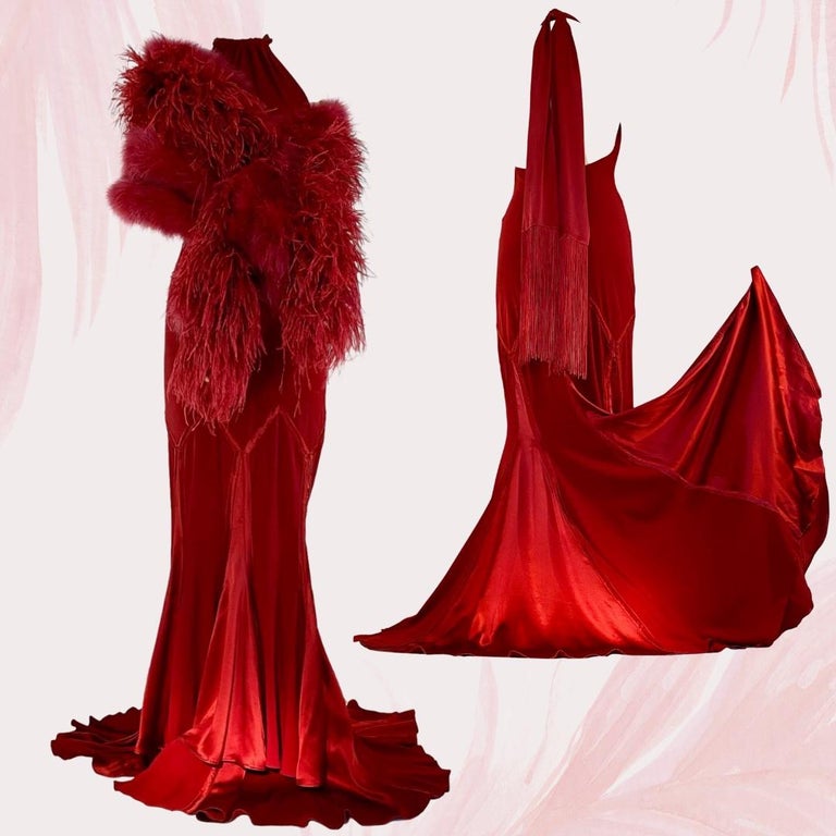 Roberto Cavalli - Scarlet Evening Gown Dress with Feather Stole. This dramatic silk burgundy dress is reminiscent of Scarlet Ohara's grand entrance in her burgundy velvet and feather gown in the movie 