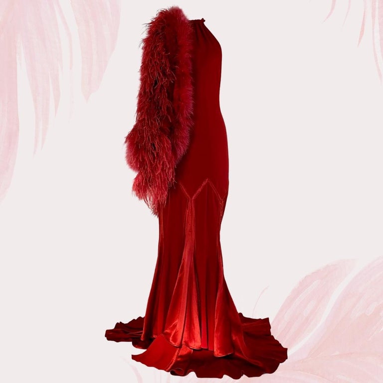 Red Roberto Cavalli Scarlet Evening Gown Dress with Feather Stole F/W 2006 Size  