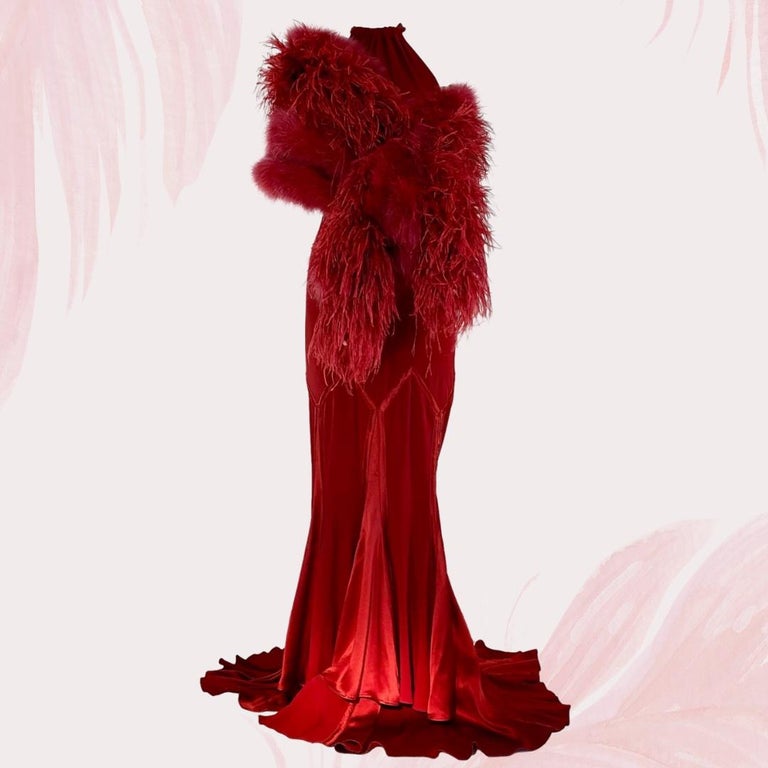 Roberto Cavalli Scarlet Evening Gown Dress with Feather Stole F/W 2006 Size   2