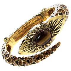 Roberto Cavalli Serpent Head Enamel Gold Tone Detailed Open Cuff Bracelet