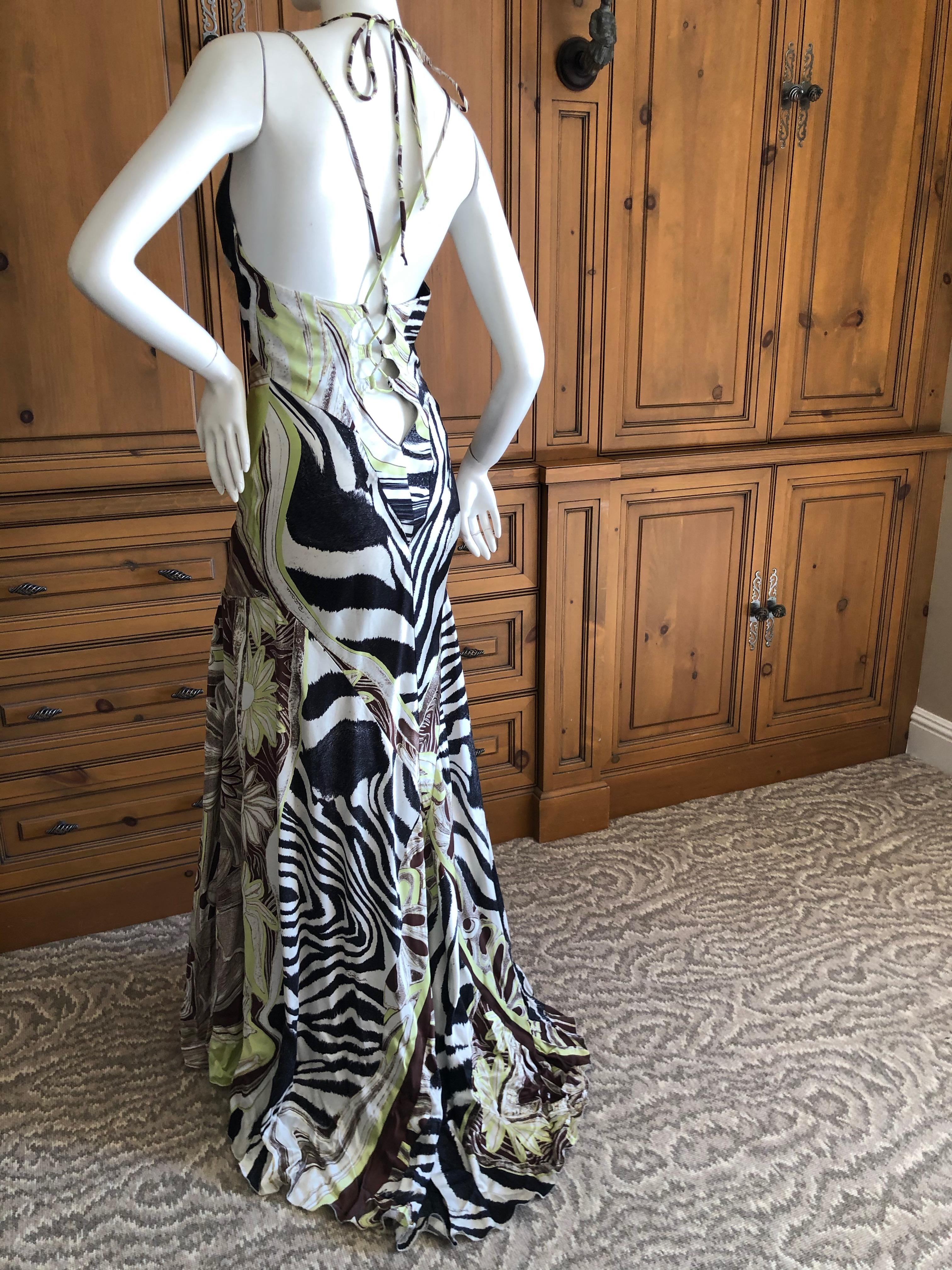 Gray Roberto Cavalli Sexy Back Animal Print Silk Evening Dress with Train For Sale