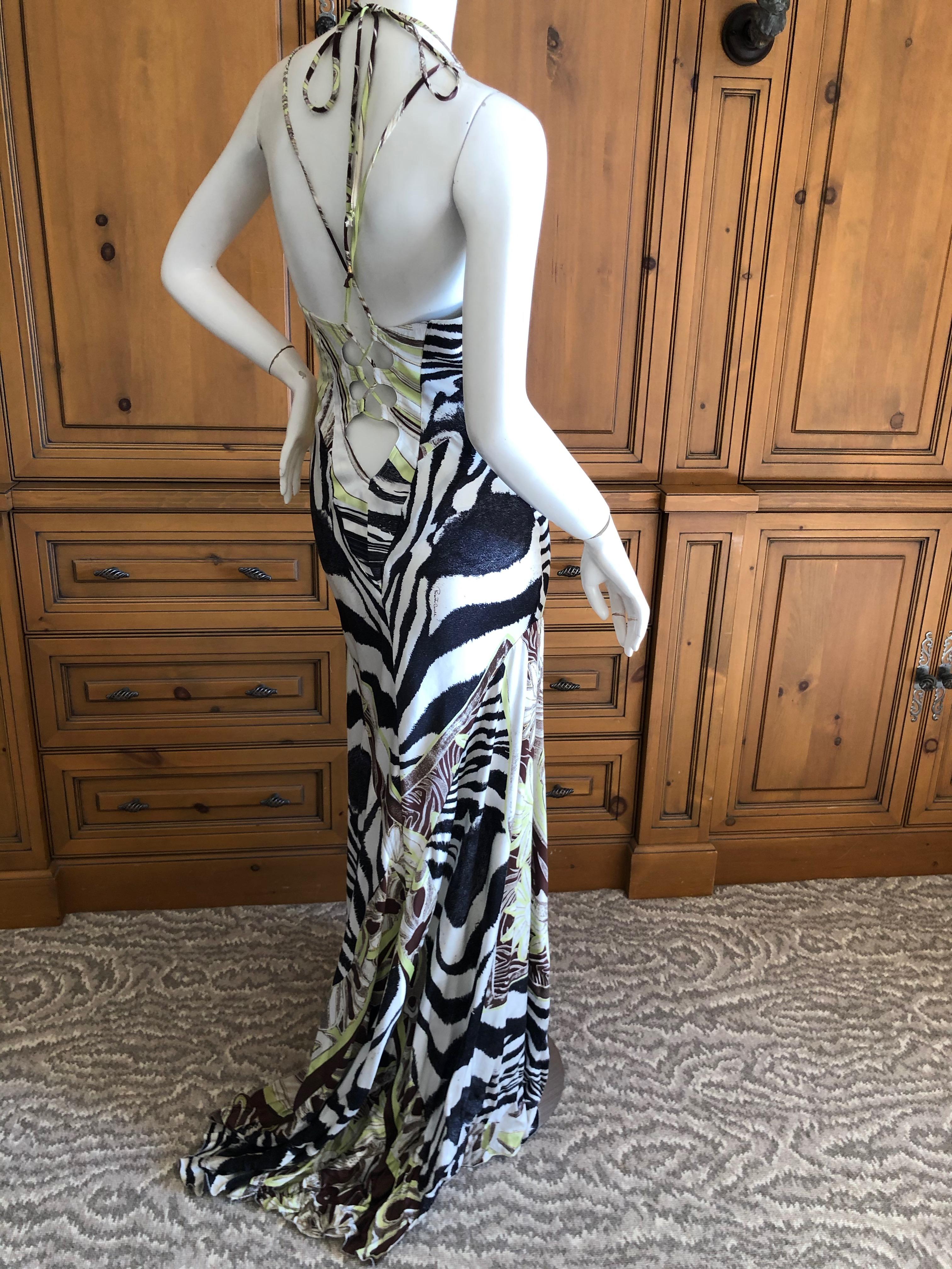 Roberto Cavalli Sexy Back Animal Print Silk Evening Dress with Train In Excellent Condition In Cloverdale, CA