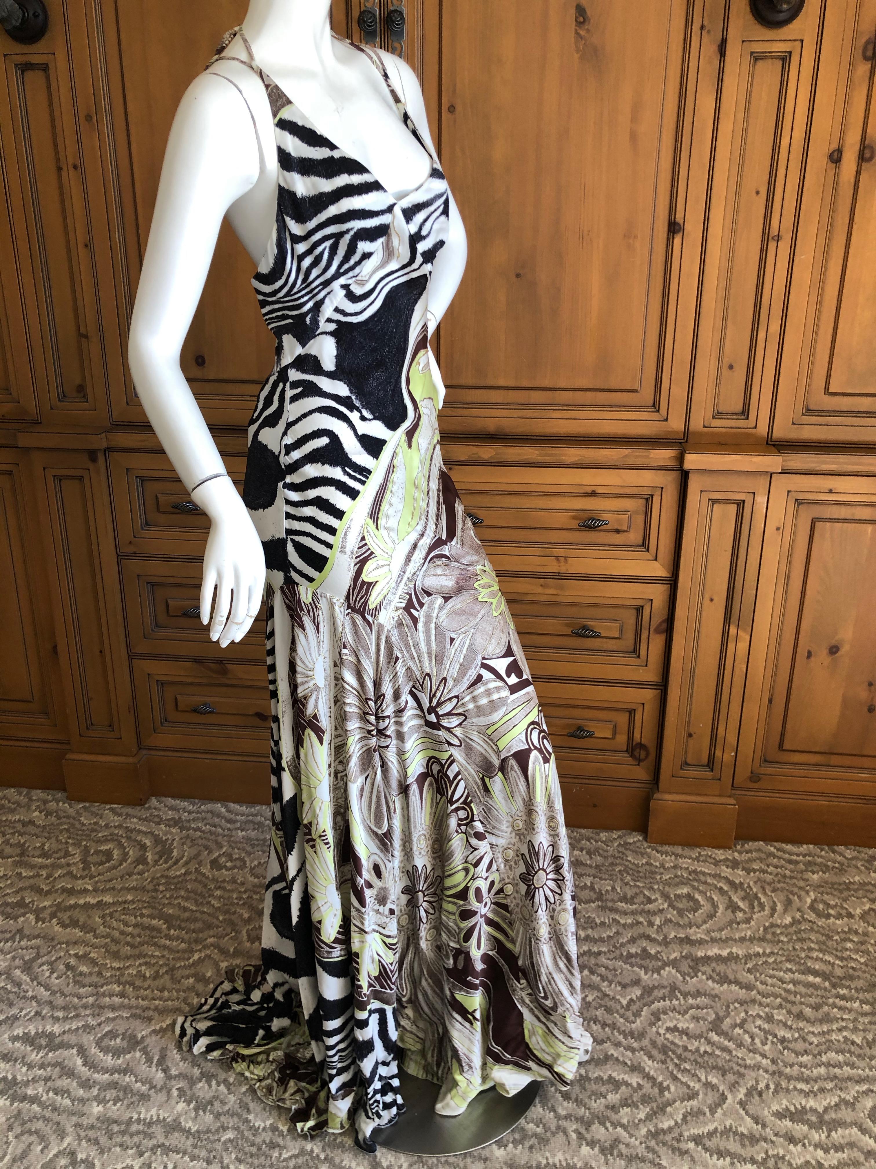 Women's Roberto Cavalli Sexy Back Animal Print Silk Evening Dress with Train For Sale