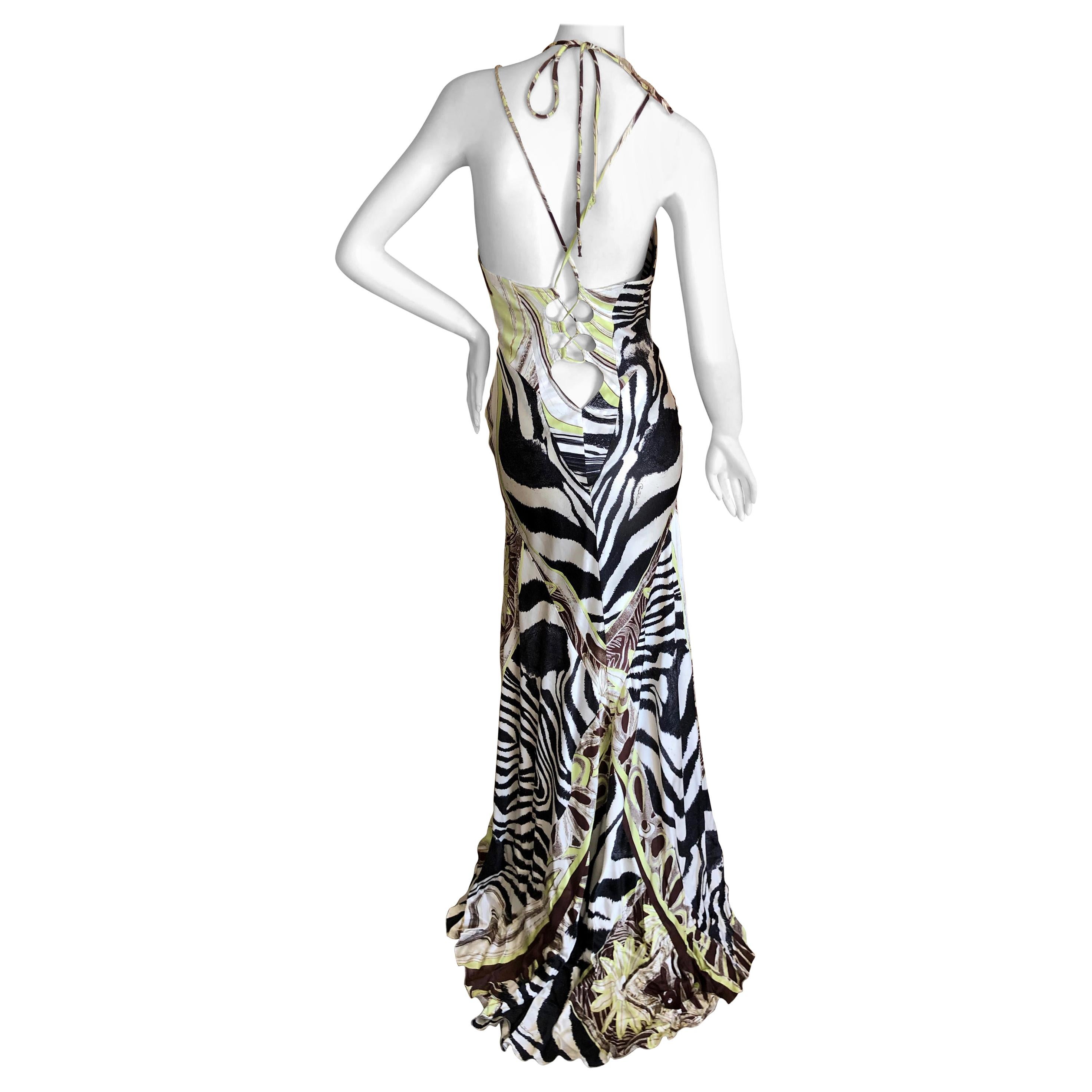 Roberto Cavalli Sexy Back Animal Print Silk Evening Dress with Train