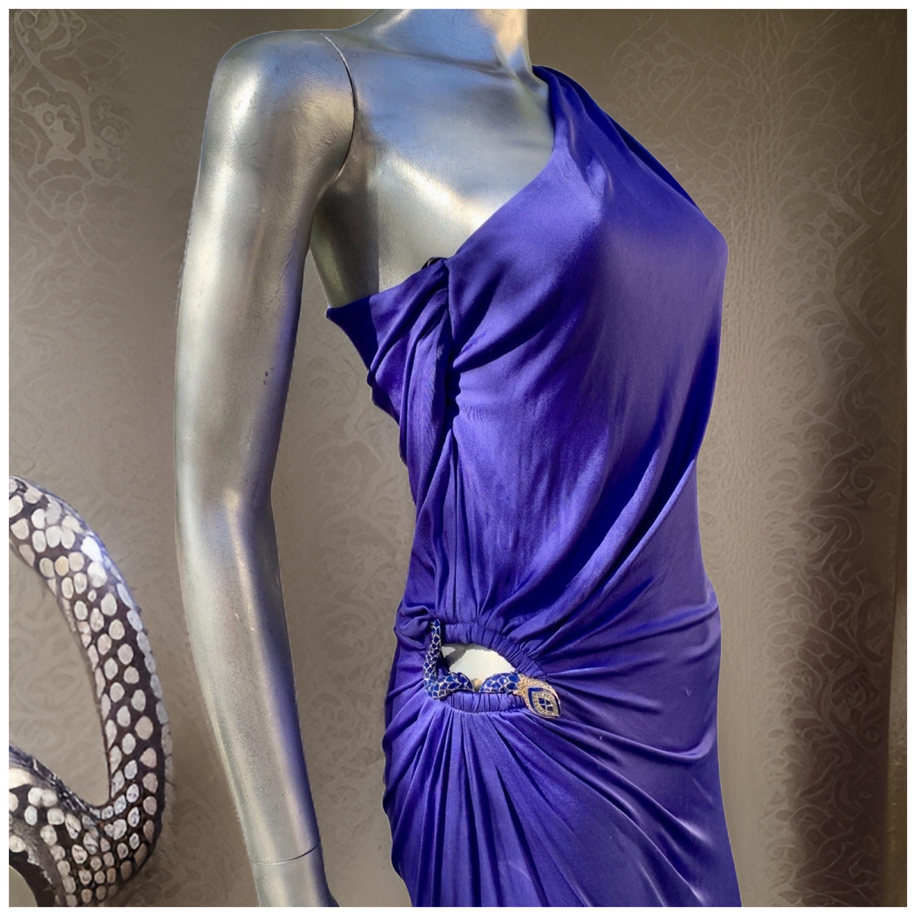 Roberto Cavalli Sexy Blaues Jersey-Schlangenkleid aus Jersey mit Juwelenbesatz aus Schiefer Größe 40 im Angebot 7