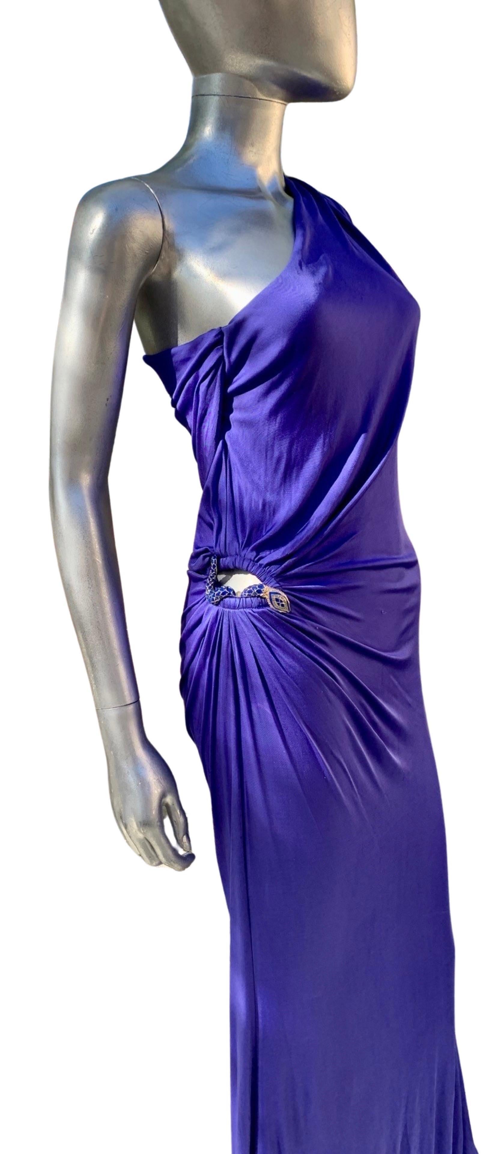 Roberto Cavalli Sexy Blaues Jersey-Schlangenkleid aus Jersey mit Juwelenbesatz aus Schiefer Größe 40 im Zustand „Gut“ im Angebot in Palm Springs, CA