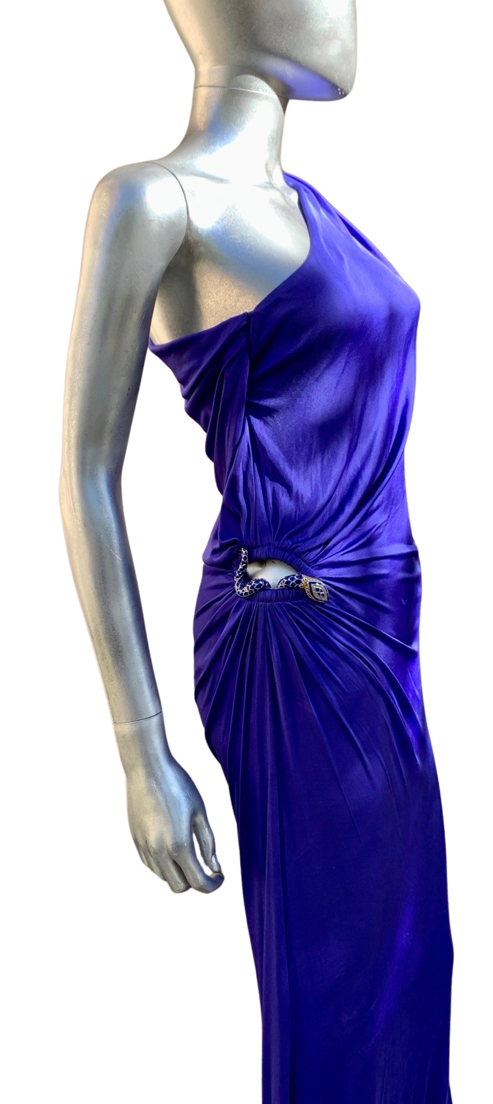 Roberto Cavalli Sexy Blue Jersey Snake Jeweled Slither Dress Size 40 In Good Condition For Sale In Palm Springs, CA