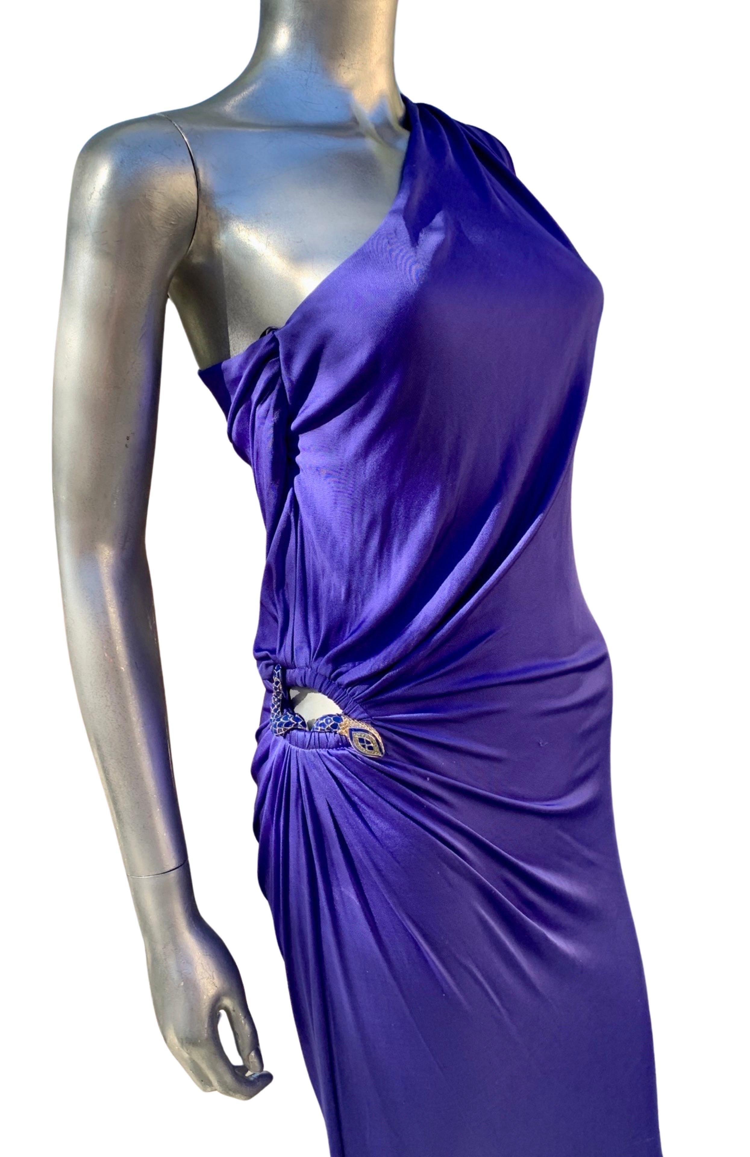 Roberto Cavalli Sexy Blaues Jersey-Schlangenkleid aus Jersey mit Juwelenbesatz aus Schiefer Größe 40 im Angebot 1