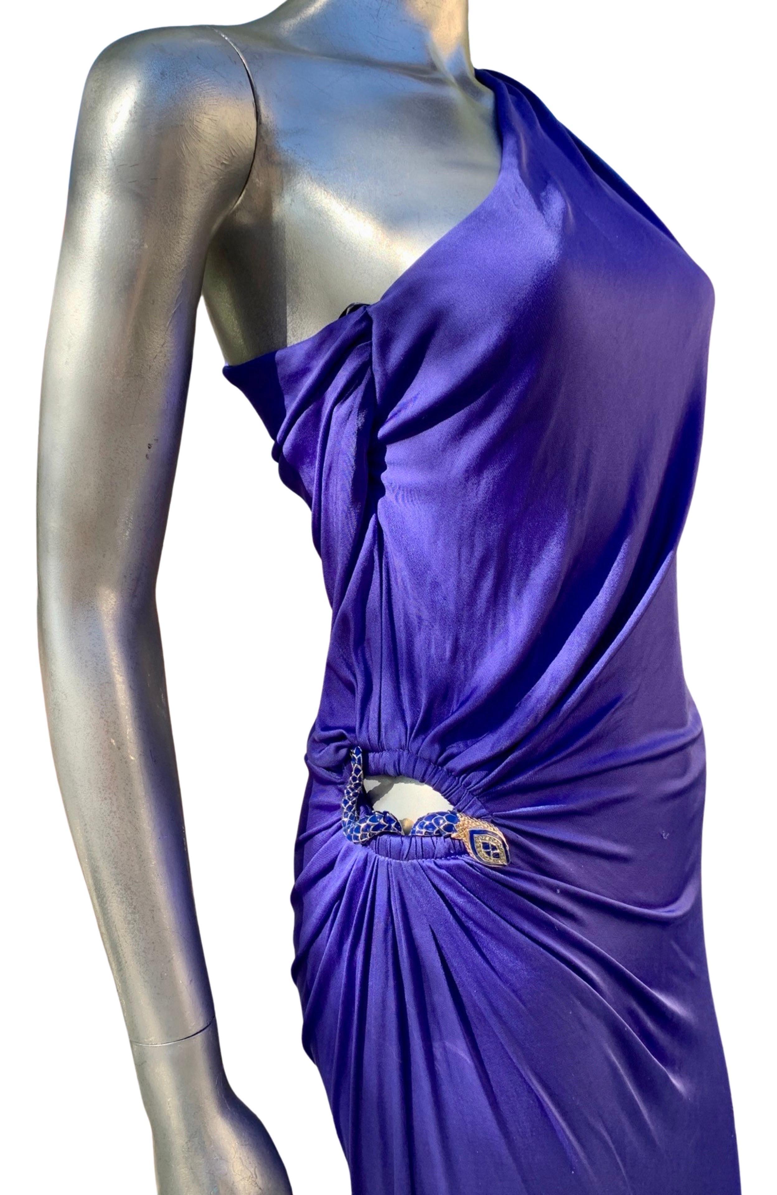 Roberto Cavalli Sexy Blaues Jersey-Schlangenkleid aus Jersey mit Juwelenbesatz aus Schiefer Größe 40 im Angebot 2