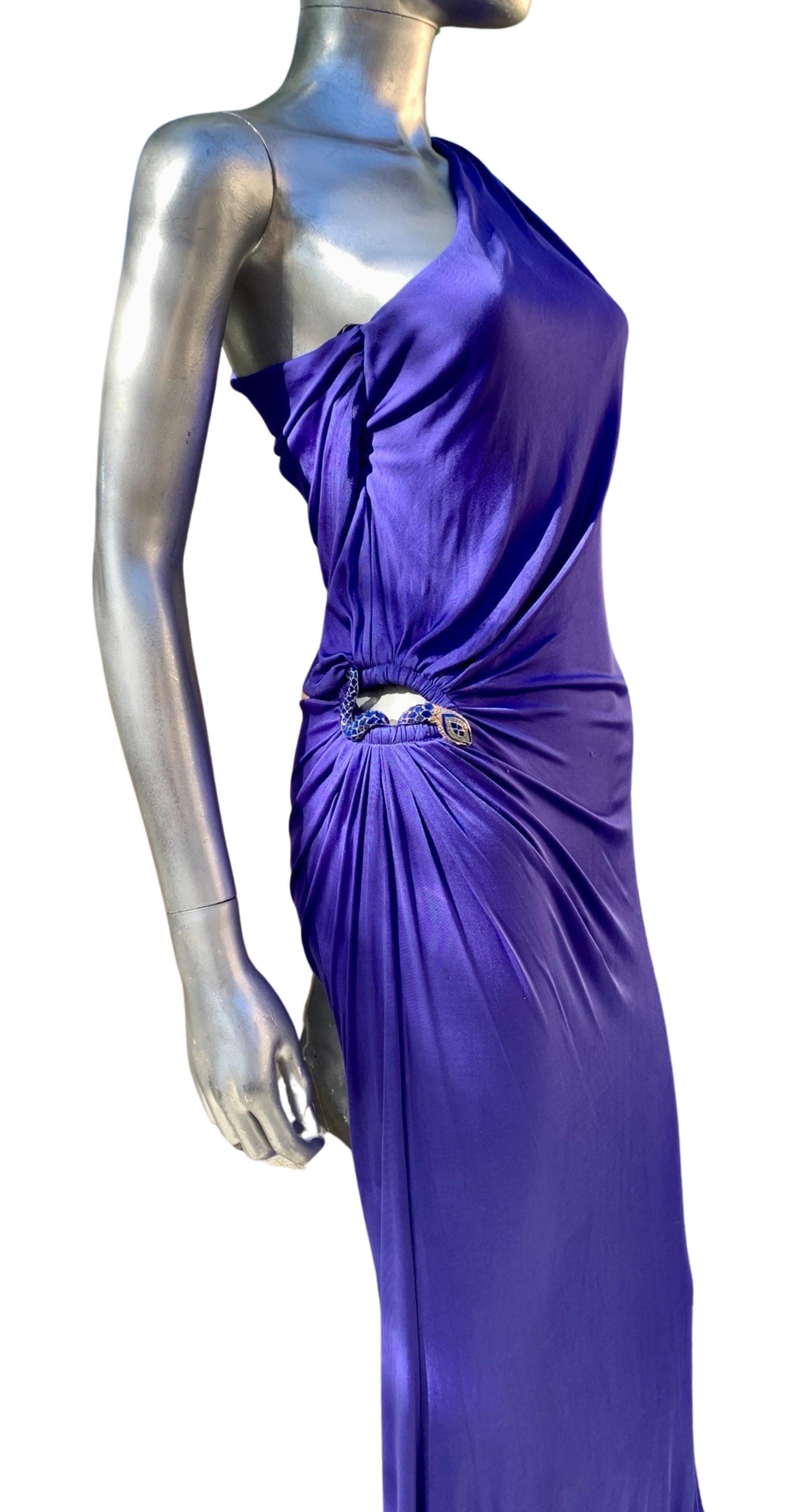 Roberto Cavalli Sexy Blaues Jersey-Schlangenkleid aus Jersey mit Juwelenbesatz aus Schiefer Größe 40 im Angebot 3
