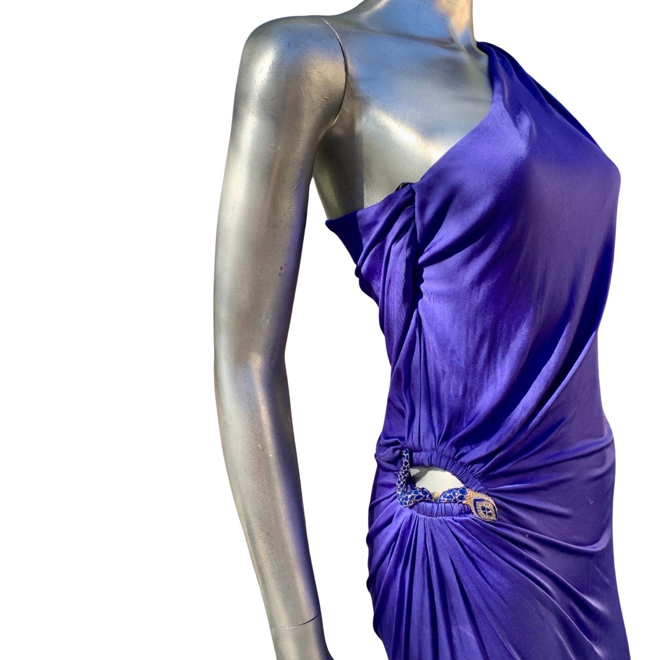 Roberto Cavalli Sexy Blaues Jersey-Schlangenkleid aus Jersey mit Juwelenbesatz aus Schiefer Größe 40 im Angebot 4