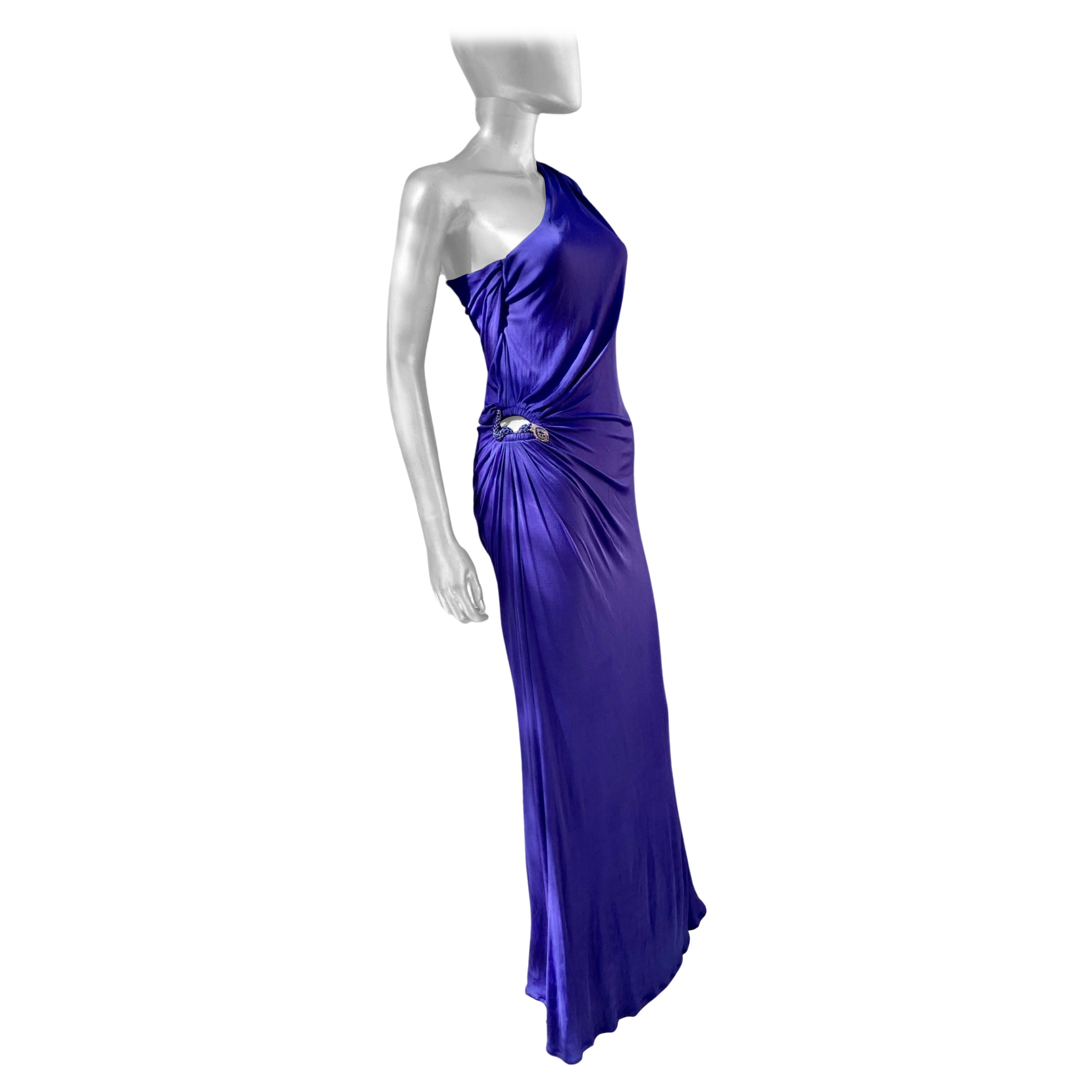 Roberto Cavalli Sexy Blaues Jersey-Schlangenkleid aus Jersey mit Juwelenbesatz aus Schiefer Größe 40