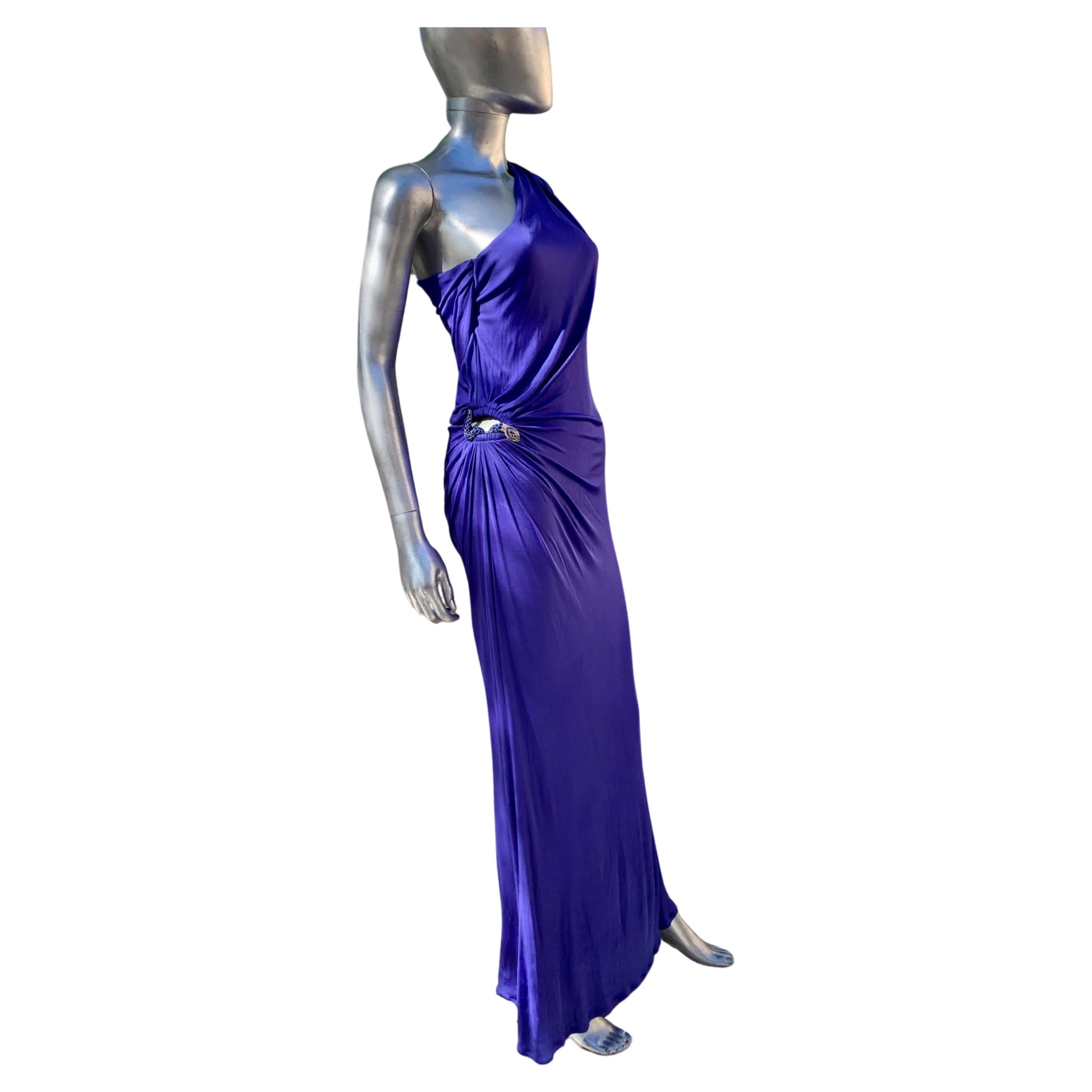 Roberto Cavalli Sexy Blaues Jersey-Schlangenkleid aus Jersey mit Juwelenbesatz aus Schiefer Größe 40 im Angebot
