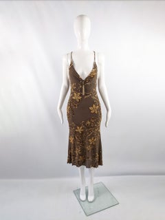 Roberto Cavalli Sexy Vintage Plunge Plunging Flocked Velvet Party Slip Dress