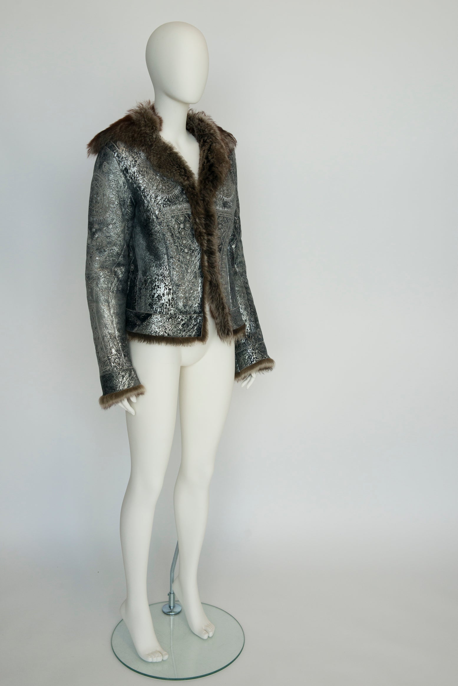Roberto Cavalli Shearling-Trimmed Leather Coat Jacket For Sale 6