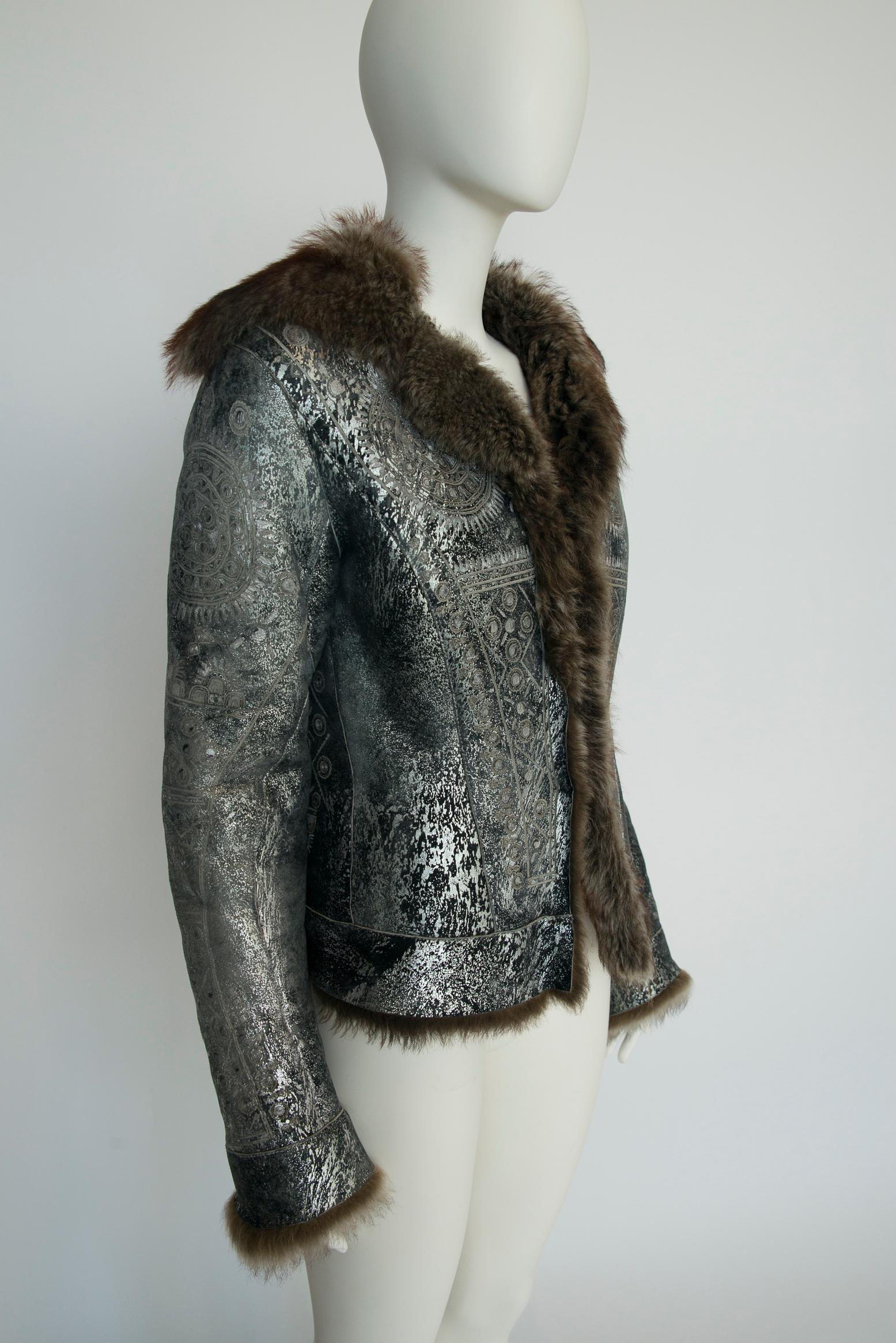 Roberto Cavalli Shearling-Trimmed Leather Coat Jacket For Sale 7