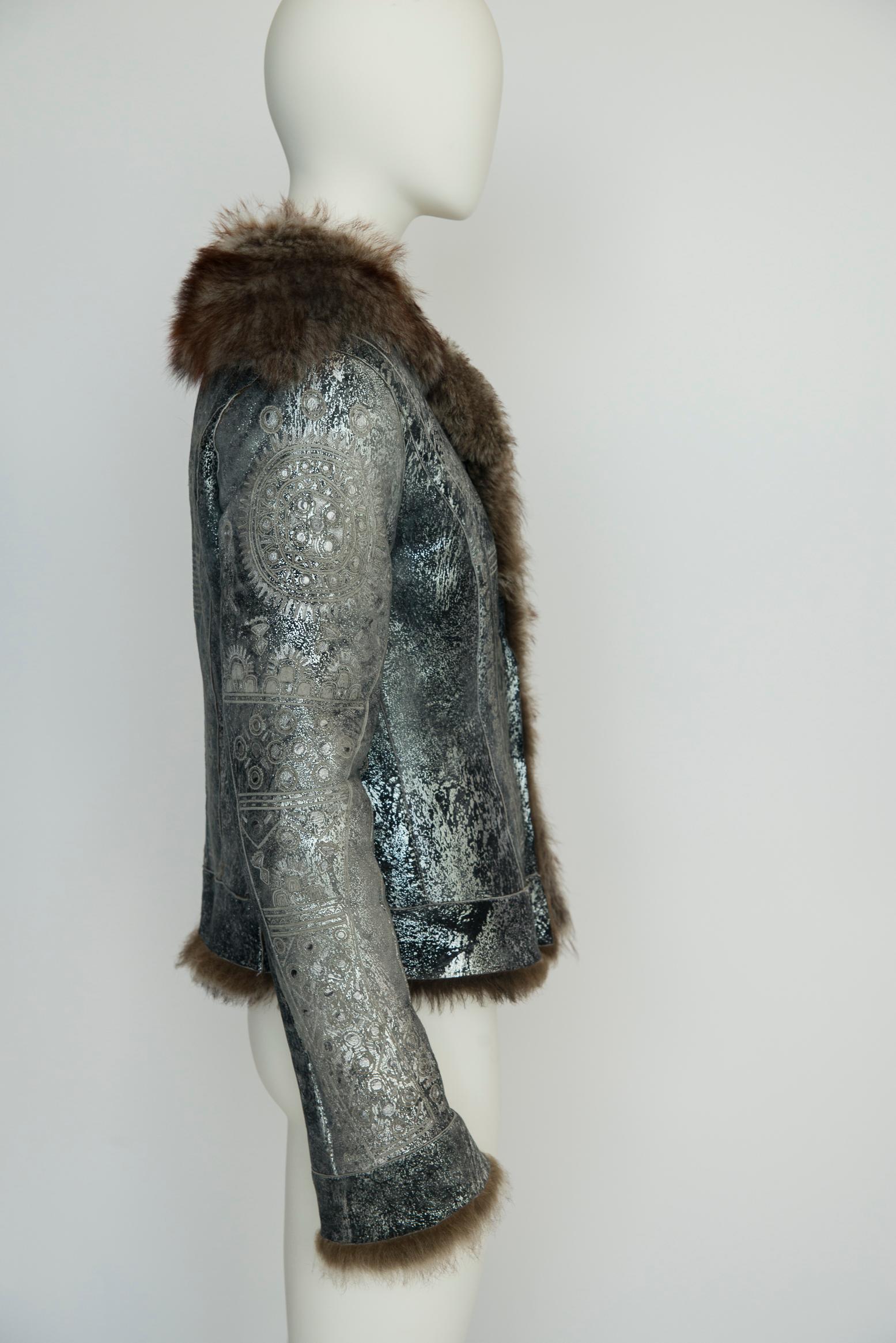 Roberto Cavalli Shearling-Trimmed Leather Coat Jacket For Sale 8