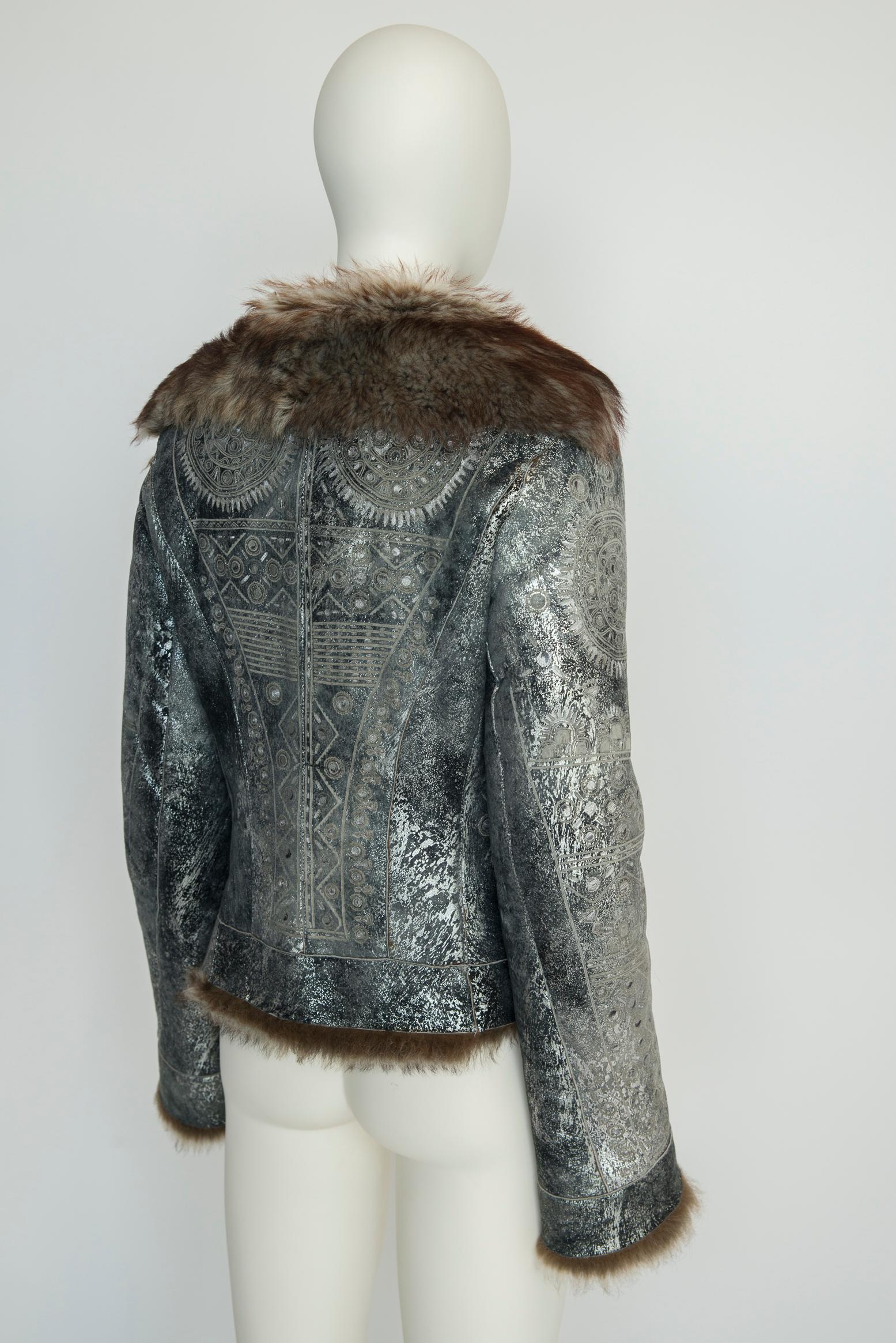 Roberto Cavalli Shearling-Trimmed Leather Coat Jacket For Sale 9