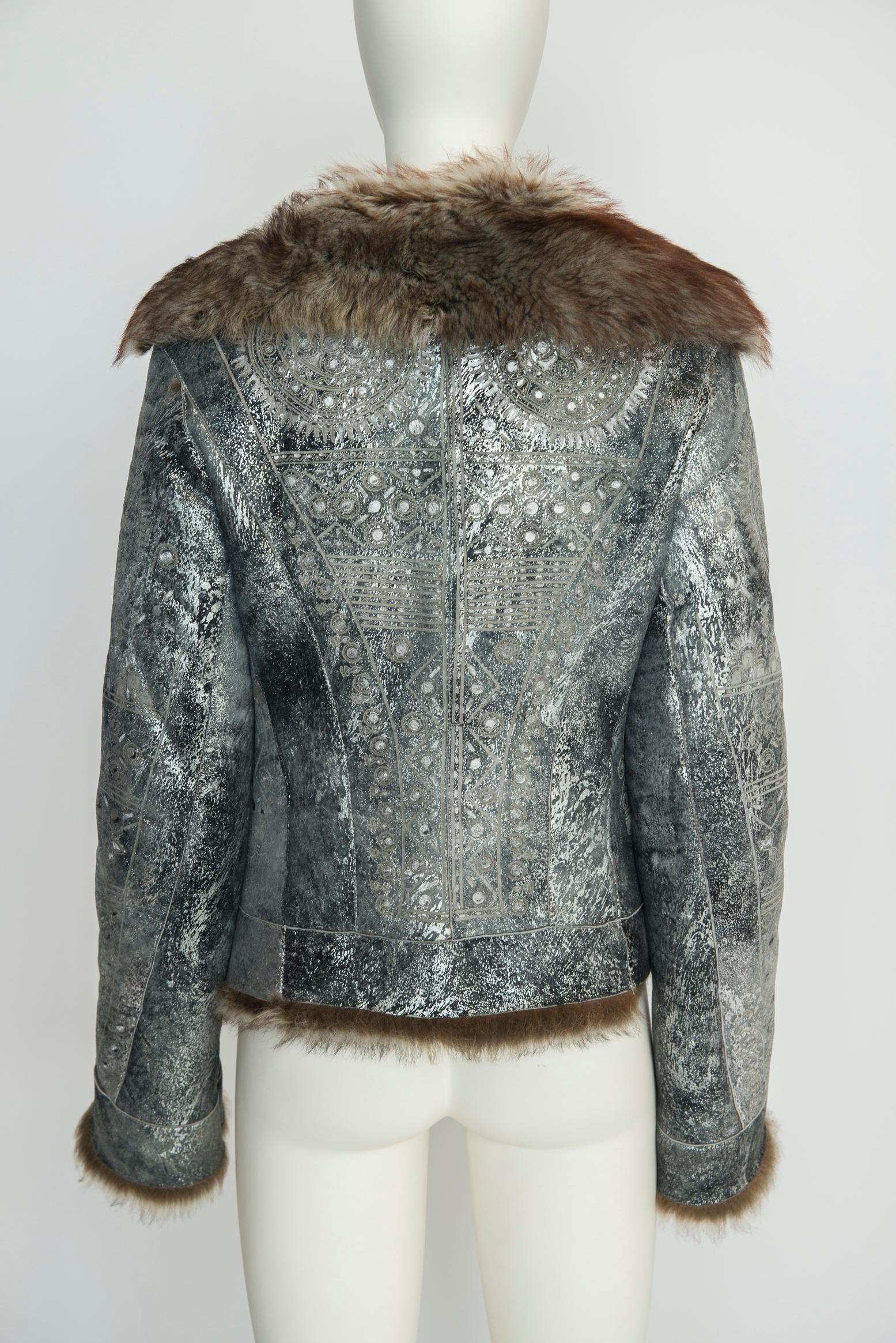 Roberto Cavalli Shearling-Trimmed Leather Coat Jacket For Sale 10