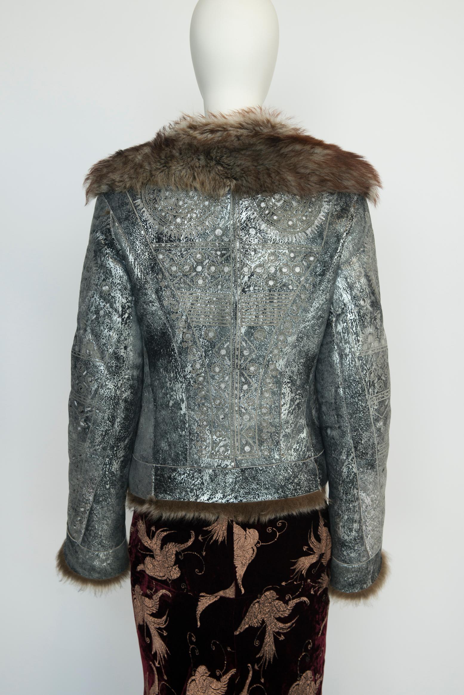 Roberto Cavalli Shearling-Trimmed Leather Coat Jacket For Sale 11