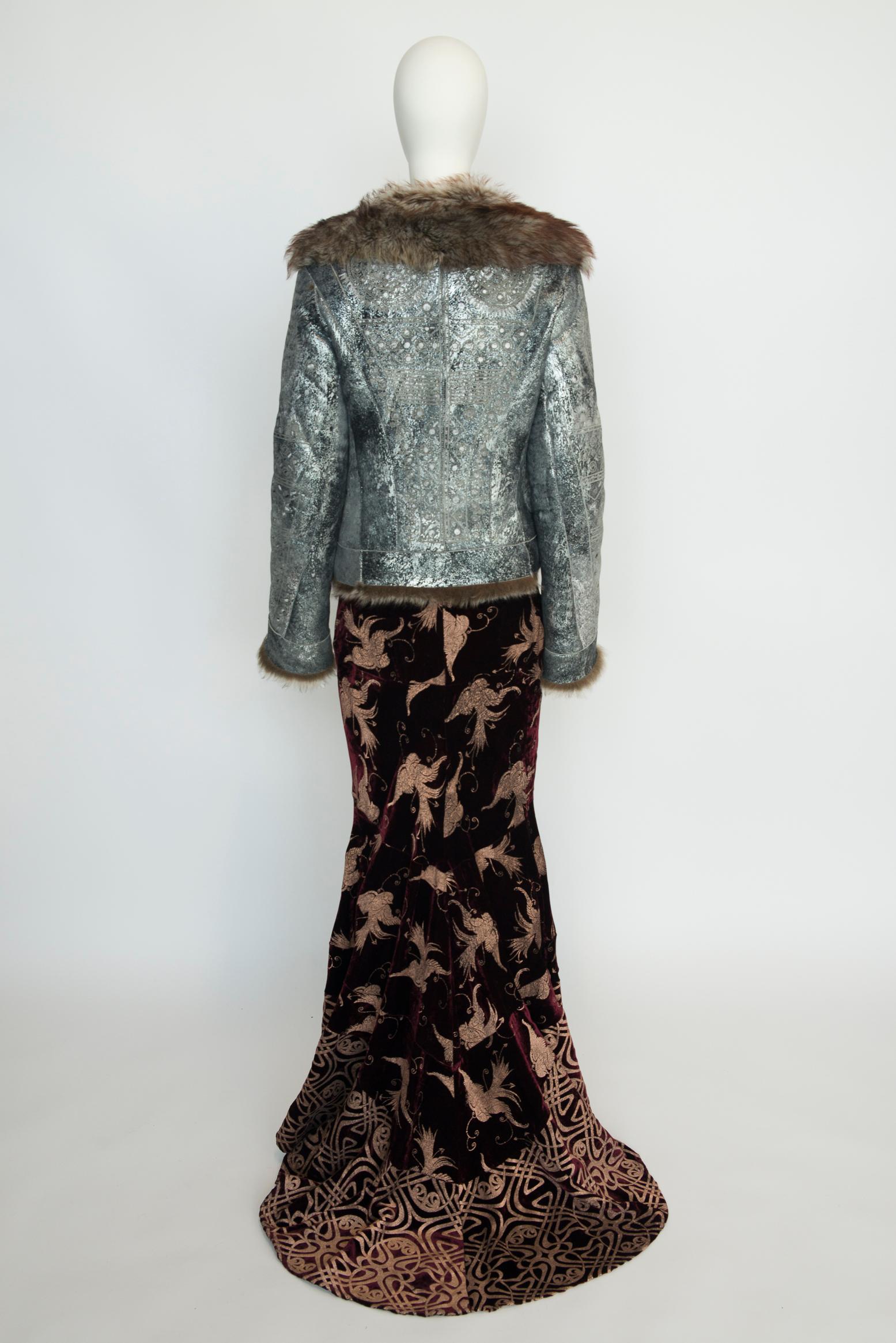 Roberto Cavalli Shearling-Trimmed Leather Coat Jacket For Sale 12