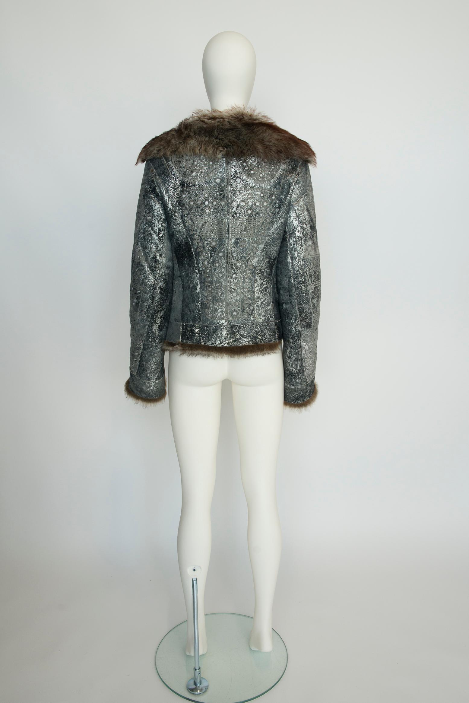 Roberto Cavalli Shearling-Trimmed Leather Coat Jacket For Sale 13