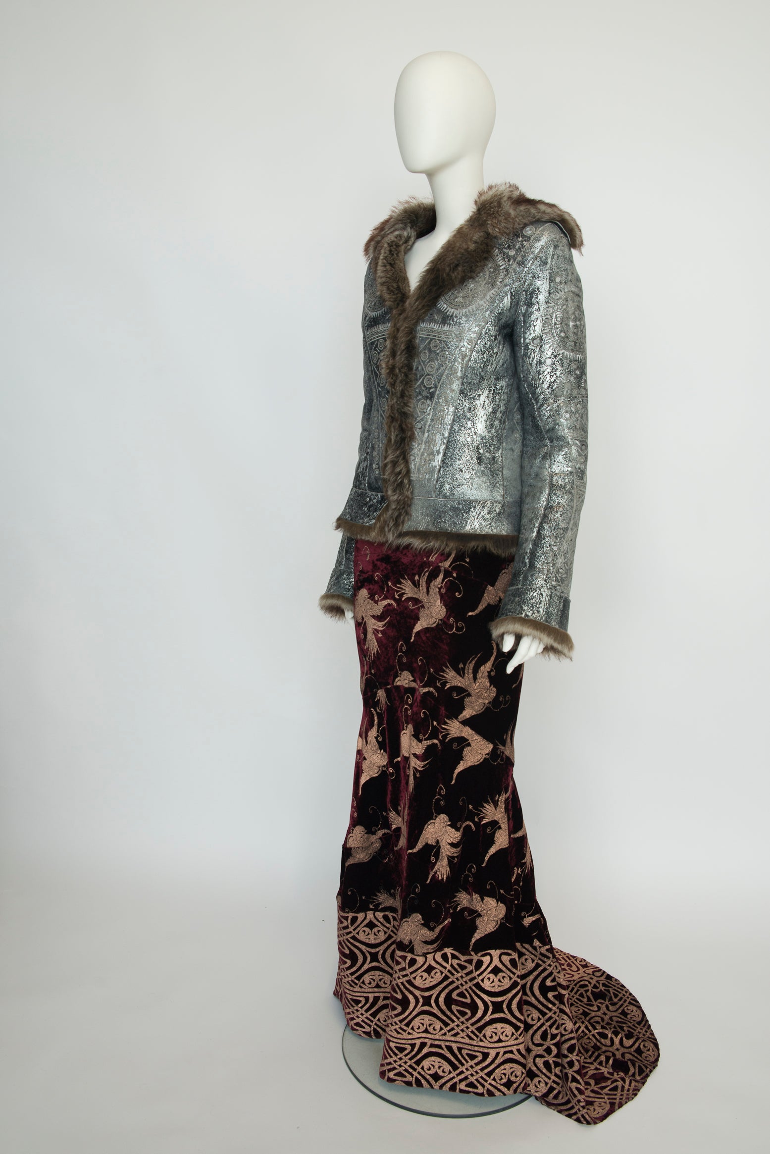 Roberto Cavalli Shearling-Trimmed Leather Coat Jacket For Sale 1