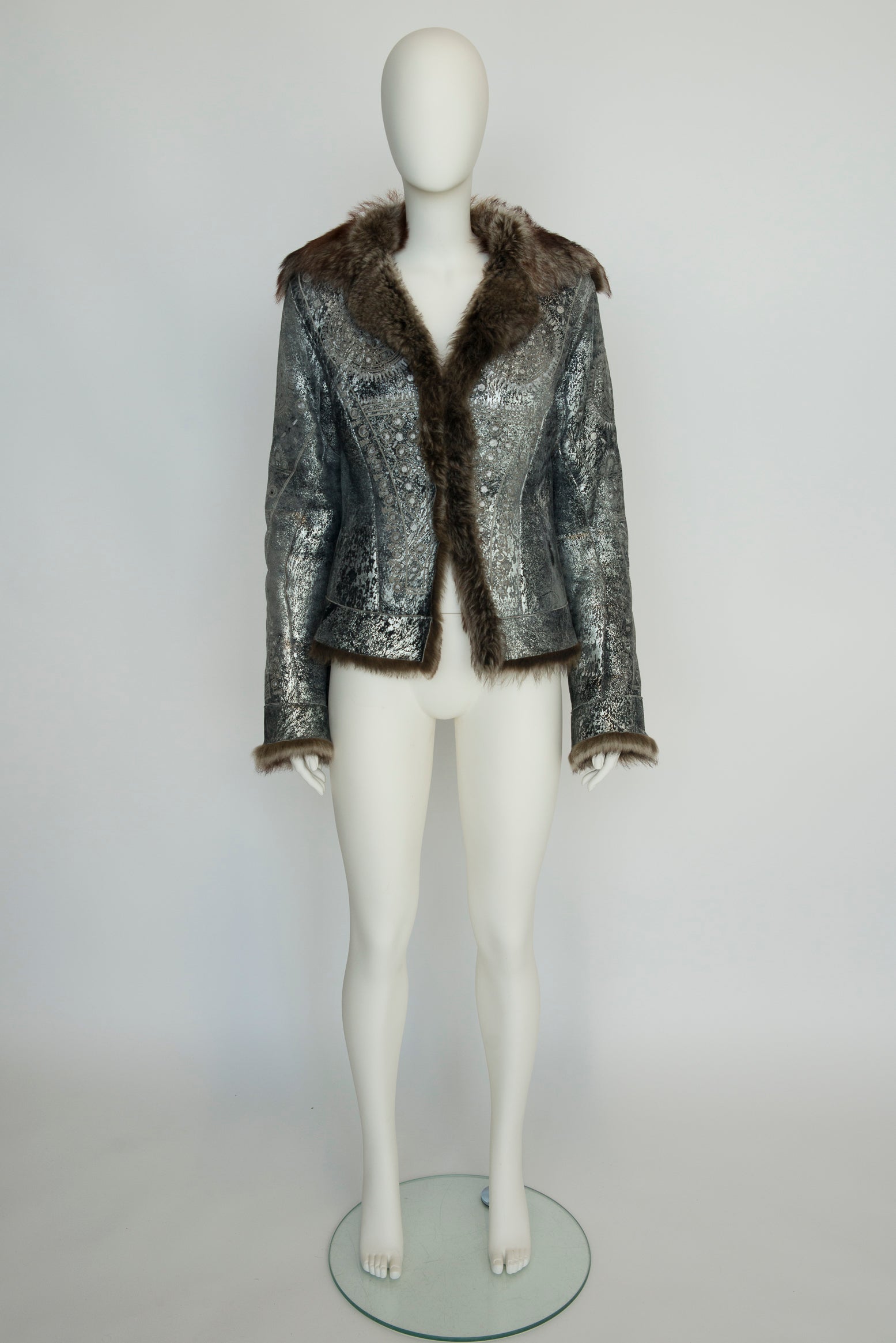 Roberto Cavalli Shearling-Trimmed Leather Coat Jacket For Sale 2