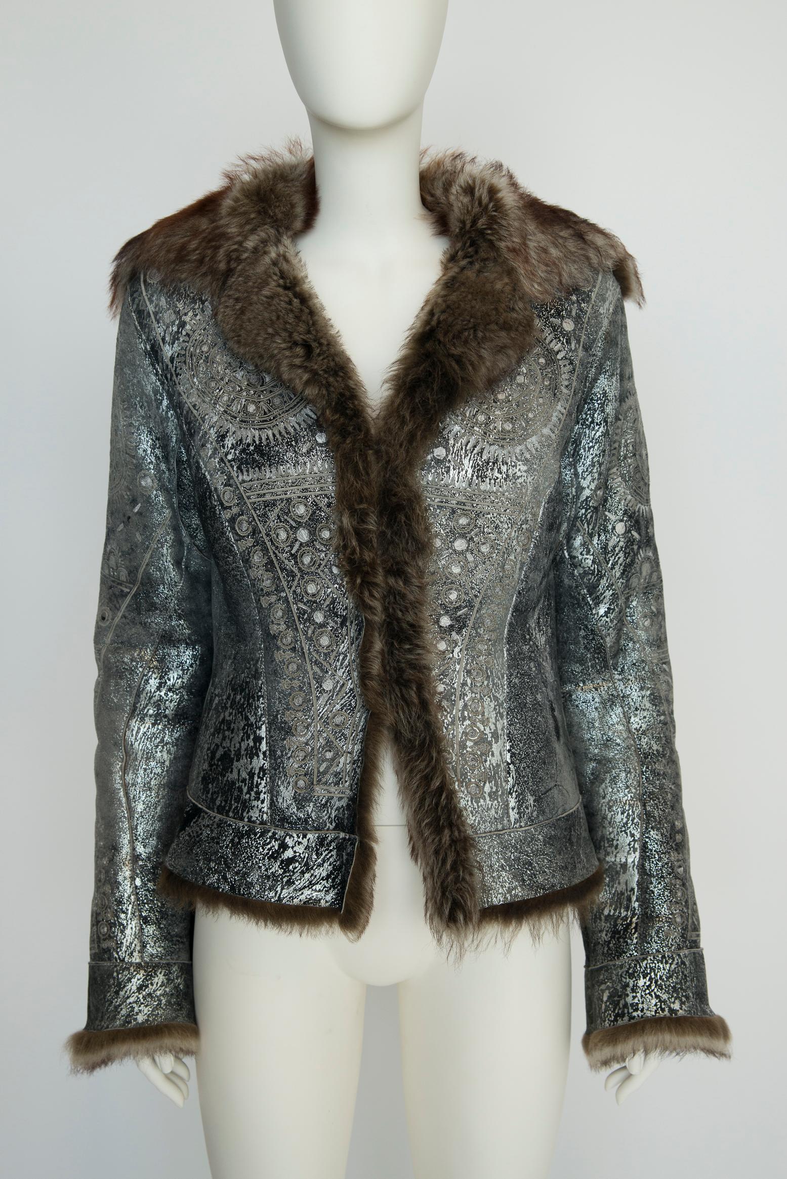 Roberto Cavalli Shearling-Trimmed Leather Coat Jacket For Sale 3