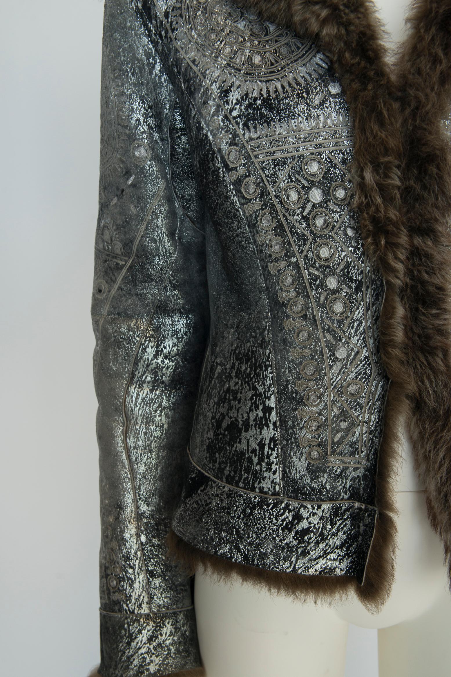 Roberto Cavalli Shearling-Trimmed Leather Coat Jacket For Sale 4