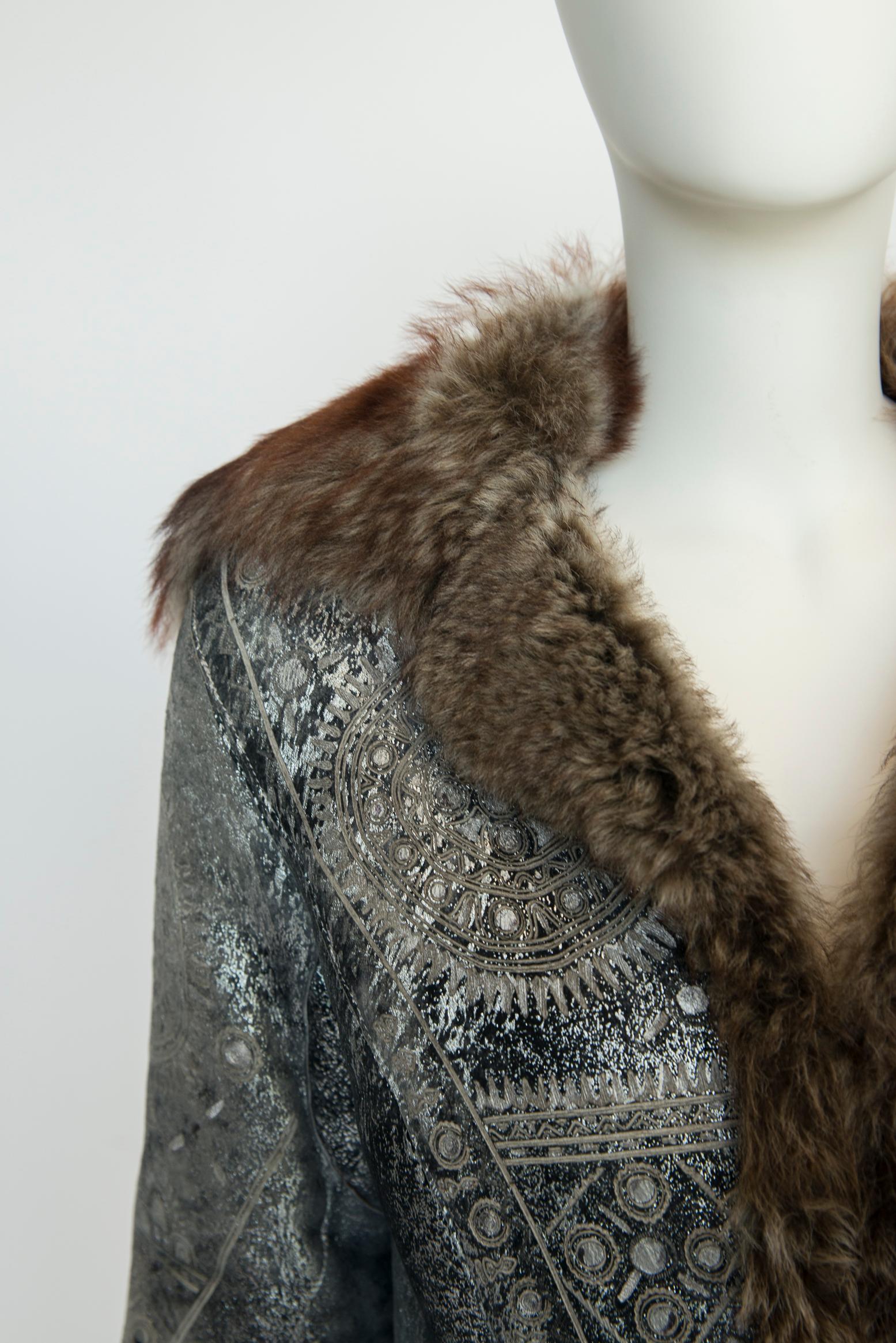 Roberto Cavalli Shearling-Trimmed Leather Coat Jacket For Sale 5
