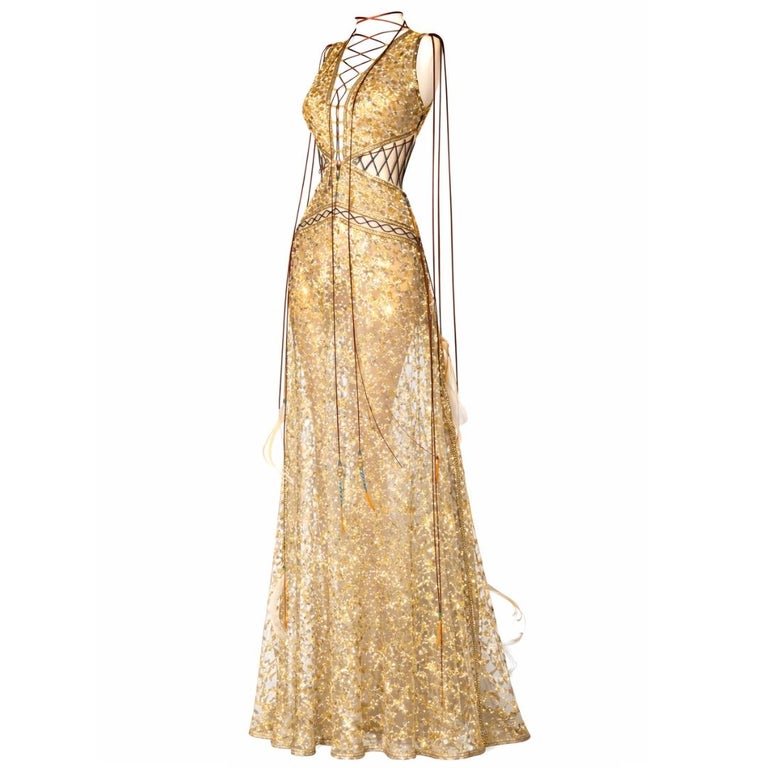 roberto cavalli gold sequin dress Roberto Cavalli Sheer Gold Sequin Evening Gown Spring 2017 Size 40IT