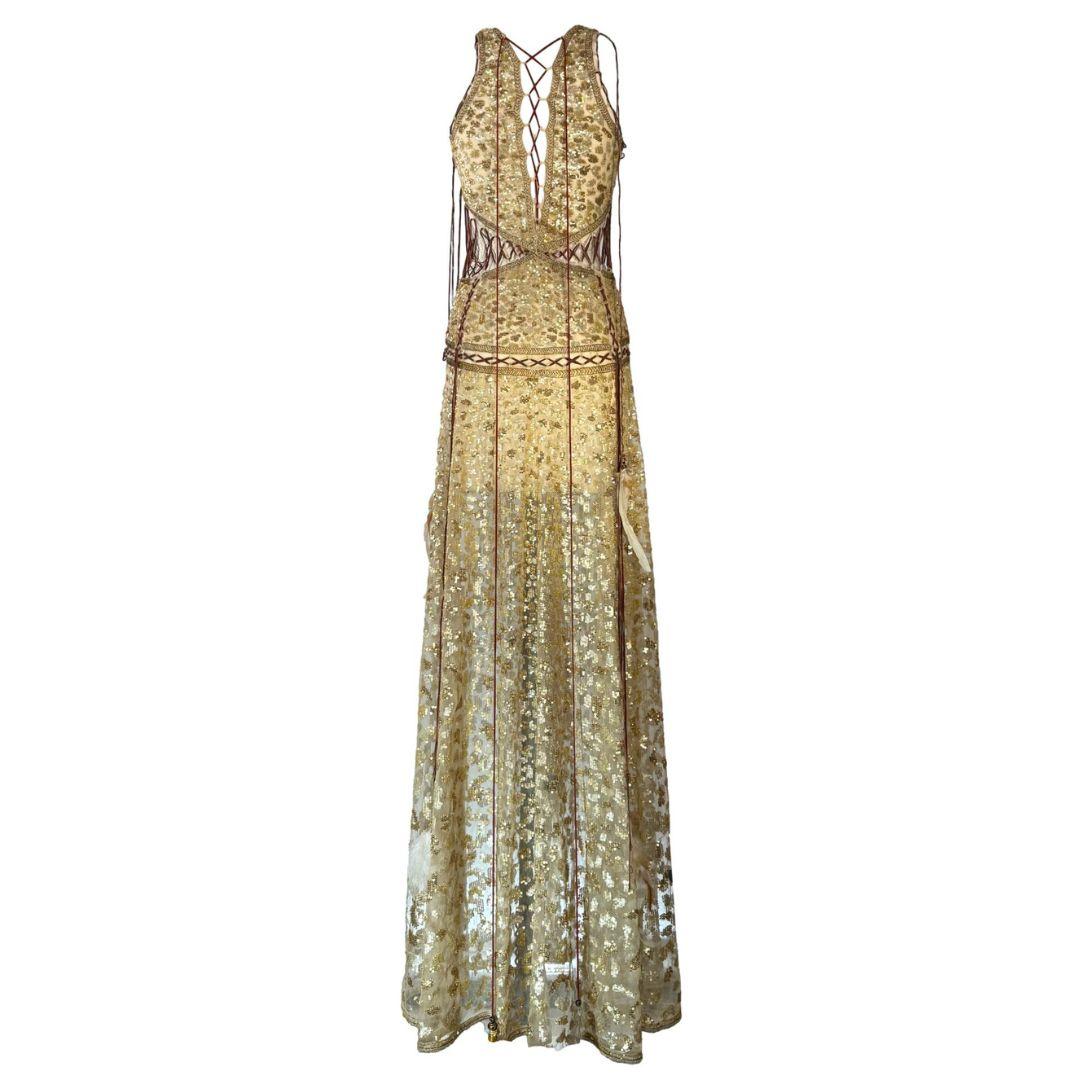 Roberto Cavalli Sheer Gold Sequin Evening Gown Spring 2017 Size 40IT In Good Condition For Sale In Saint Petersburg, FL