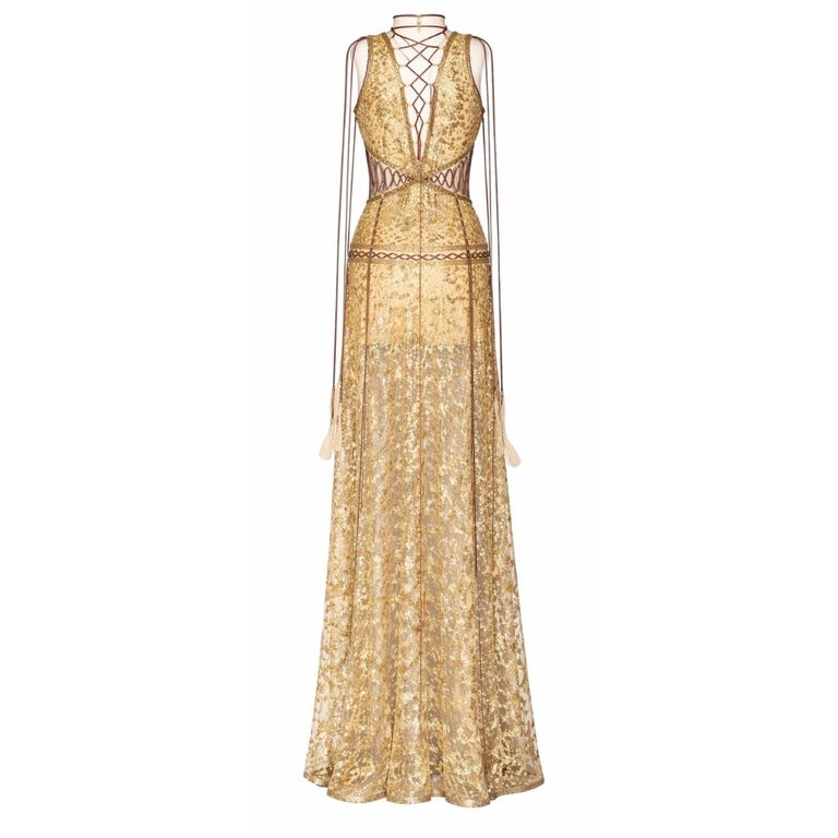 Roberto Cavalli Sheer Gold Sequin Evening Gown Spring 2017 Size 40IT For  Sale at 1stDibs