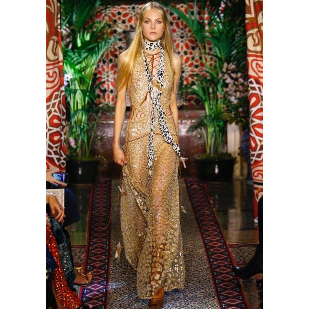 Women's Roberto Cavalli Sheer Gold Sequin Evening Gown Spring 2017 Size 40IT For Sale