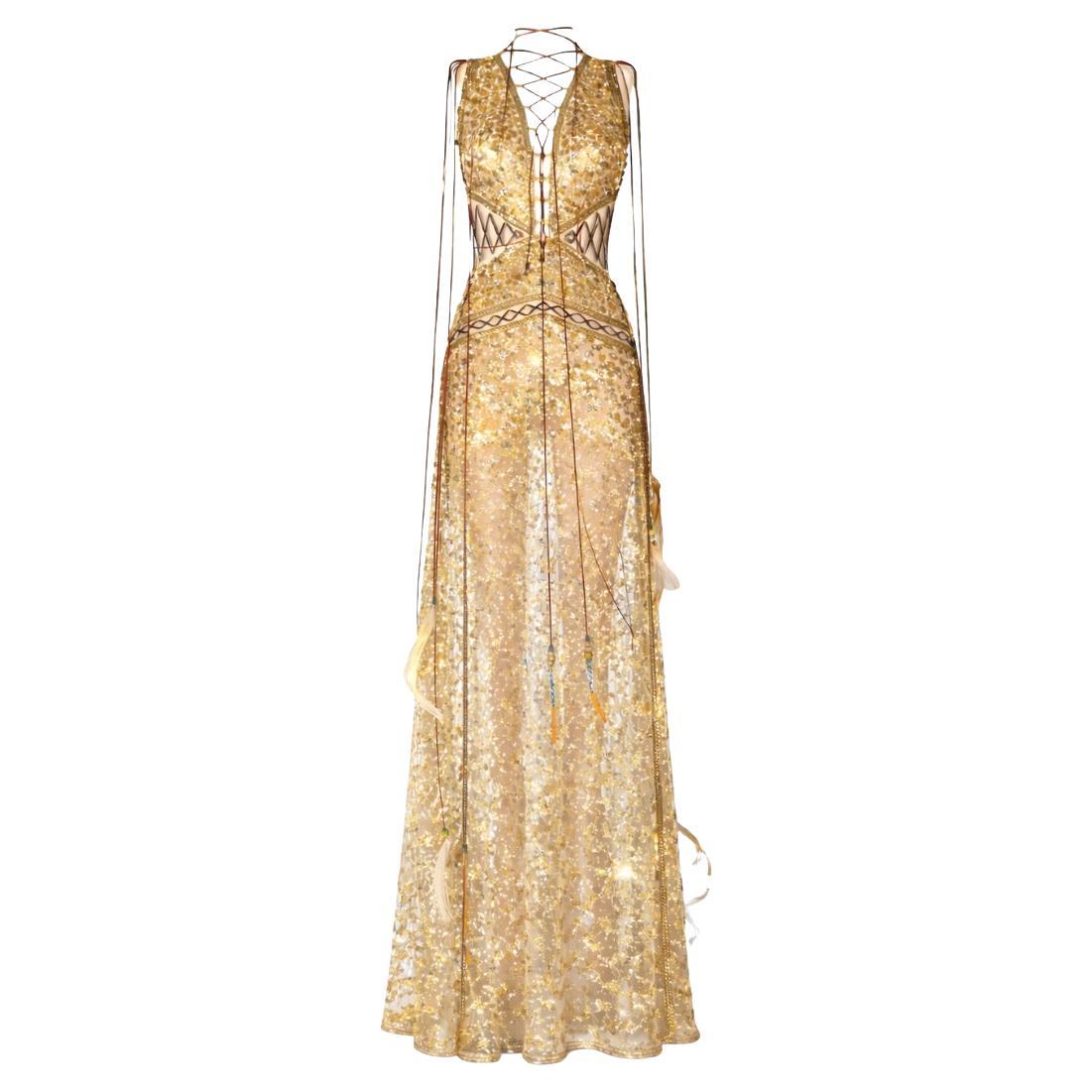 Roberto Cavalli Sheer Gold Sequin Evening Gown Spring 2017 Size 40IT