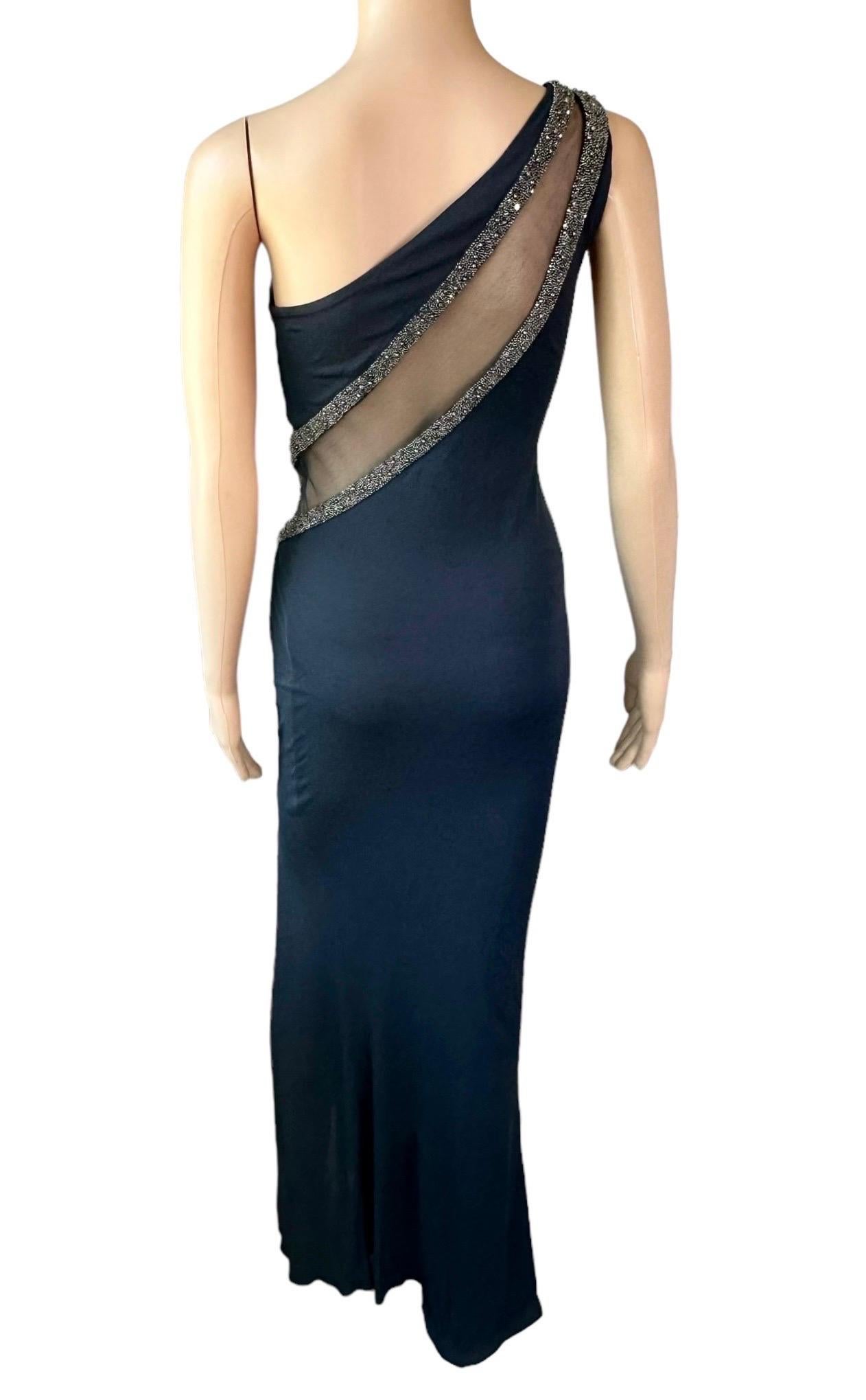 Roberto Cavalli Vestido de noche de un solo hombro adornado con recorte de malla transparente en venta 5