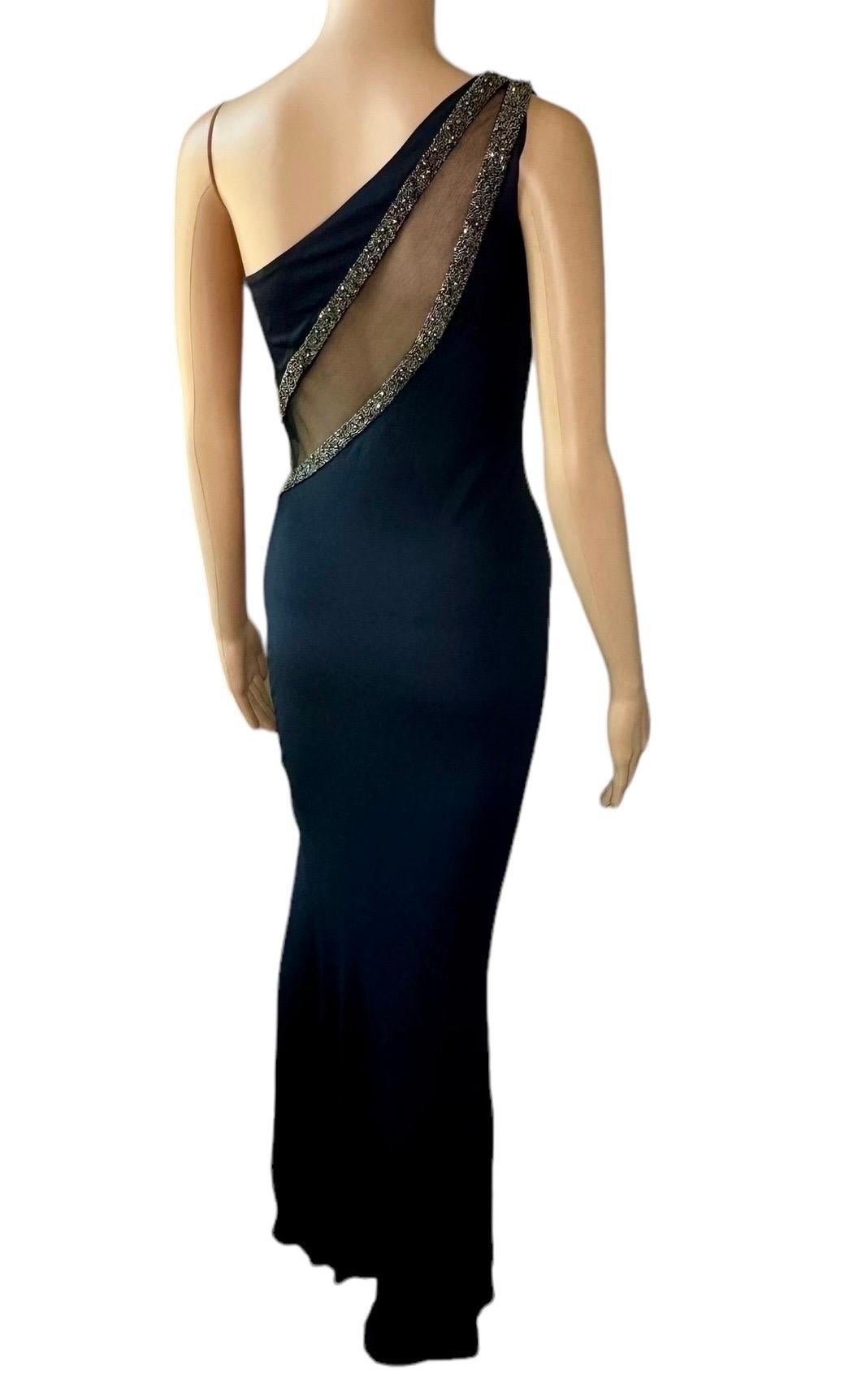 Roberto Cavalli Vestido de noche de un solo hombro adornado con recorte de malla transparente en venta 6